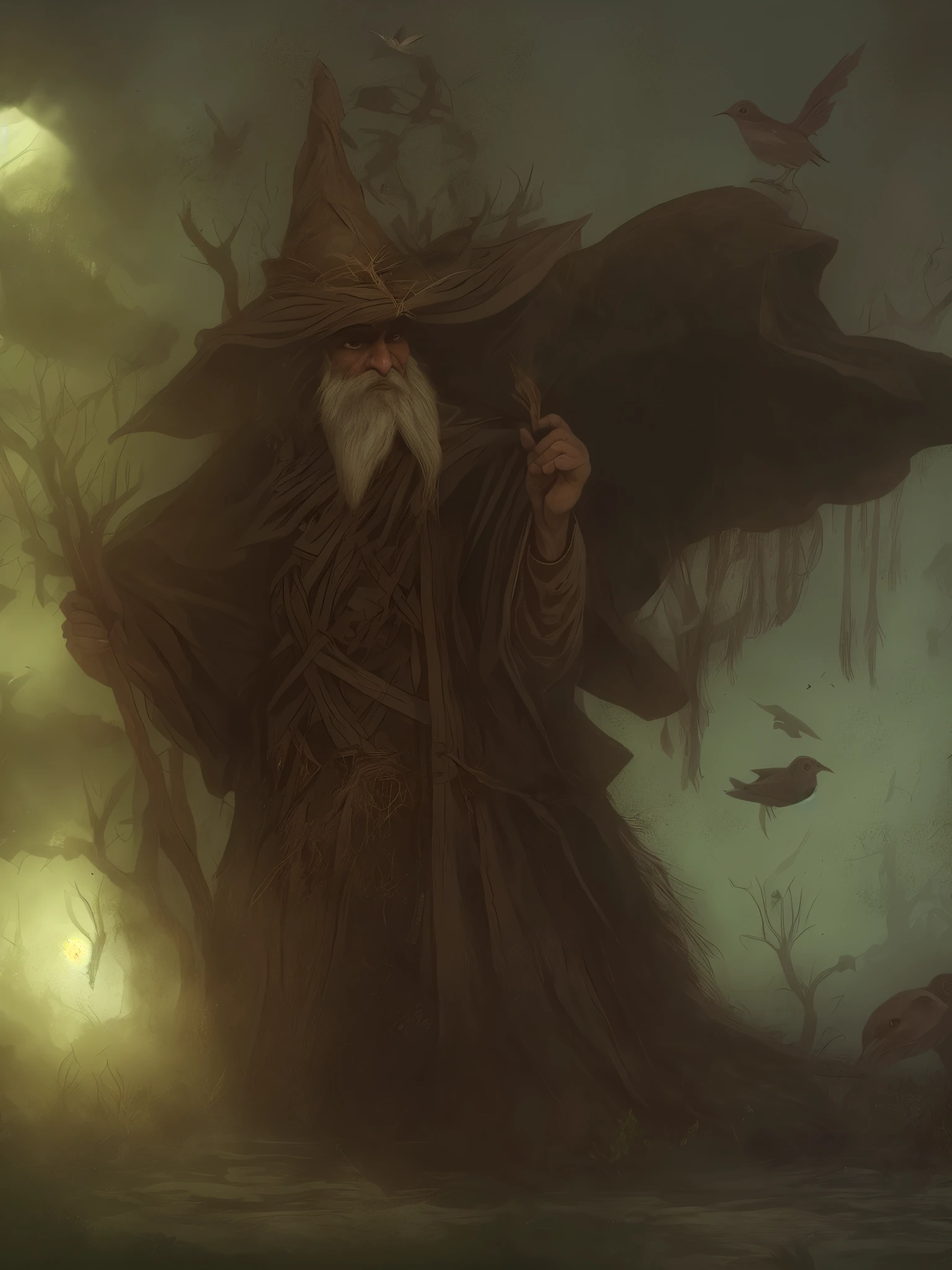 radigast the brown, an old happily quirky lord of the rings type of wizard, brown wool clothes, bird poop on head, clothes, in the dark frorest of murkwood, dusty, dirty, wet from rain, dirty clothes, trouble, twigs , sticks, careworn, working with rabbits, and other forest animals, pointy wizard hat and cape, analog, Masterpiece,analog,AnalogRedmAF