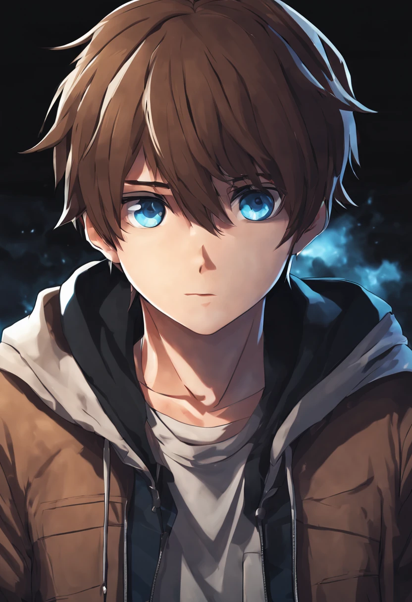anime boy with blue eyes and brown hair dressed casually standing straight with a pure black backround have him standing facing straight at the camera