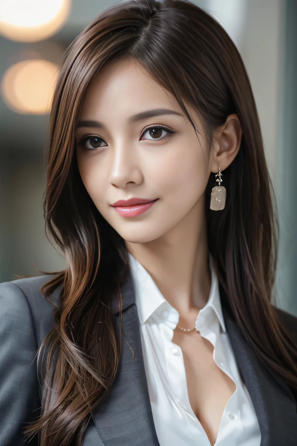 masutepiece, Best Quality, Photorealistic, Ultra-detailed, finely detail, High resolution, 8K Wallpaper, 1 beautiful woman,, light brown messy hair, in a business suit, foco nítido, Perfect dynamic composition, Beautiful detailed eyes, detailed hairs, Detailed realistic skin texture, Smiling, Close-up portrait, Model body type