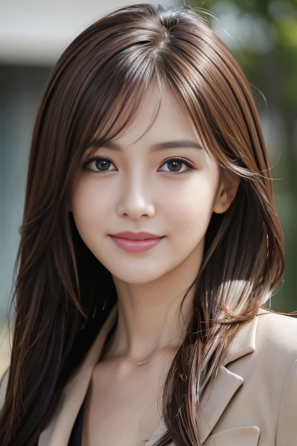 masutepiece, Best Quality, Photorealistic, Ultra-detailed, finely detail, High resolution, 8K Wallpaper, 1 beautiful woman,, light brown messy hair, in a business suit, foco nítido, Perfect dynamic composition, Beautiful detailed eyes, detailed hairs, Detailed realistic skin texture, Smiling, Close-up portrait, Model body type