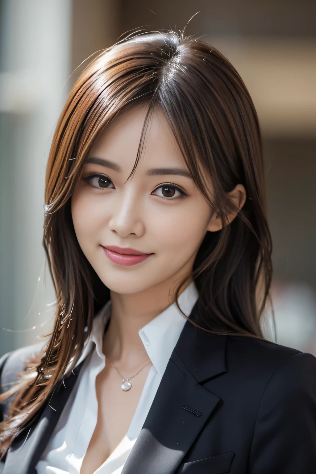 masutepiece, Best Quality, Photorealistic, Ultra-detailed, finely detail, High resolution, 8K Wallpaper, 1 beautiful woman,, light brown messy hair, in a business suit, foco nítido, Perfect dynamic composition, Beautiful detailed eyes, detailed hairs, Detailed realistic skin texture, Smiling, Close-up portrait, Model body type