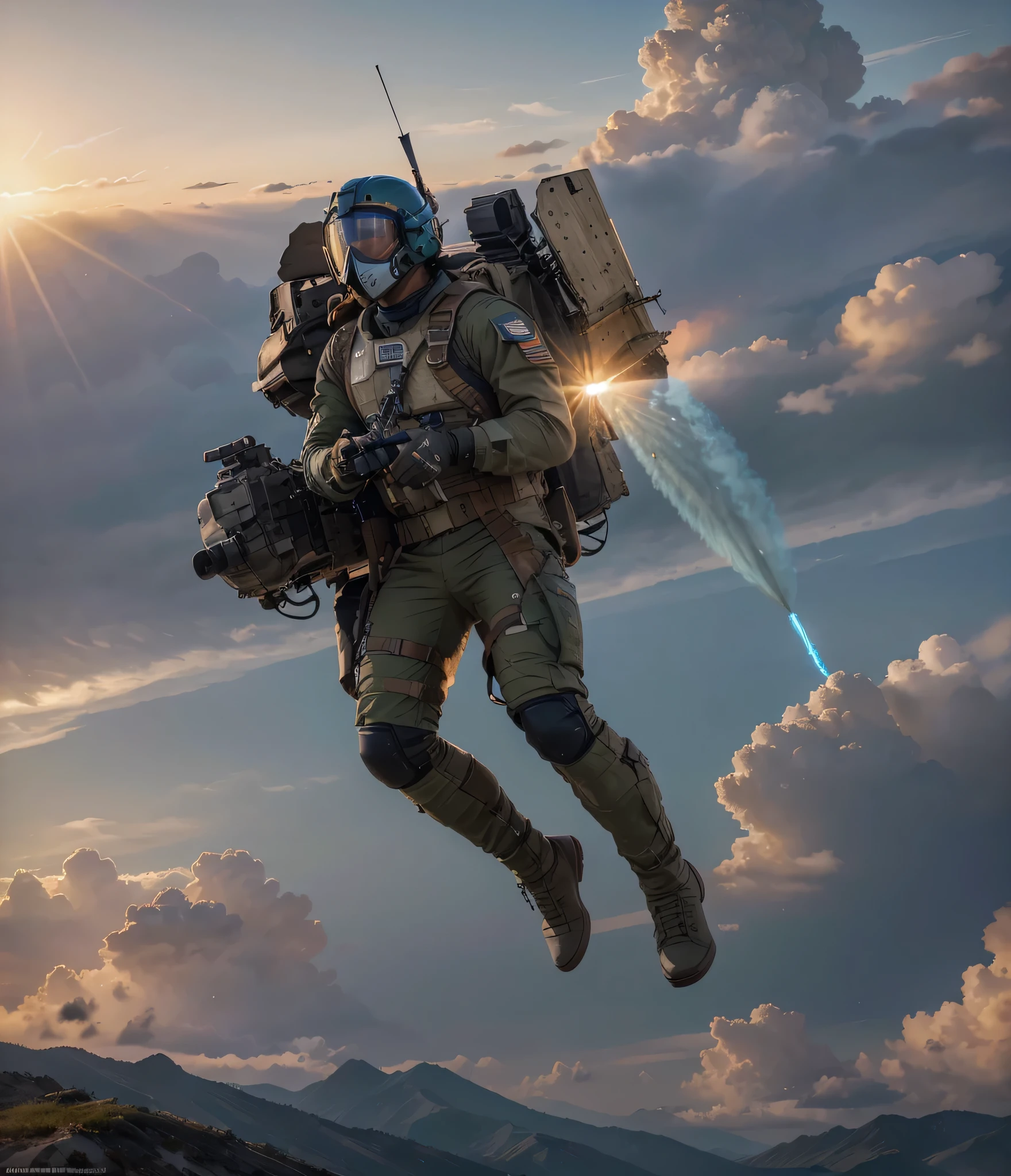 Rocketeer soldier is volador, volador, Uniforme militar azul verdoso., Advanced aviator helmet with air mask, tiene un arma avanzada, Turbinas con fuego azul, hermoso cielo de la puesta de sol, Ultra detallado, hyper realista, 4k, Ultra detallado image, realista, Altamente detallado, perfect composition, splendid, Intrincadamente detallado, Incredibly detailed, 8K fine art photography, hiper detallado, Obra maestra