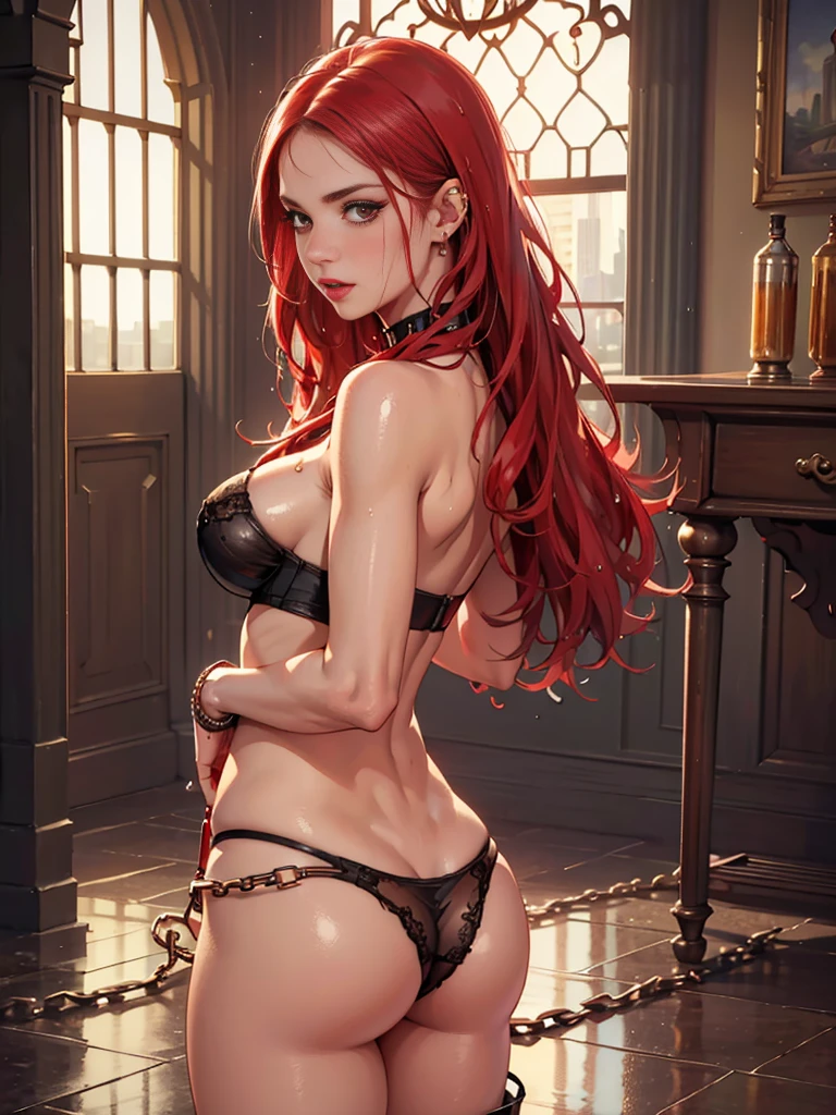 1 Girl, Blushing, white girl, (((Wet Skin)), shiny red hair, beauty, duck lips, immaculate makeup,, upturned nose, red lips, Indoors, (on_back), Crotch, Bottomless, thong, Abrola Prisoner, Torn Clothes, See-Through Bra, See-Through Panties, Metal Collar, Shackles, Slaves, Chains, Shackles, The World of Marquis de Sade, Best Quality, Masterpiece, Ultra High Res, ( photorealistic:1.4), RAW photo, nose piercing, ass to camera,, slutty face, thong, slender, mary jane watson