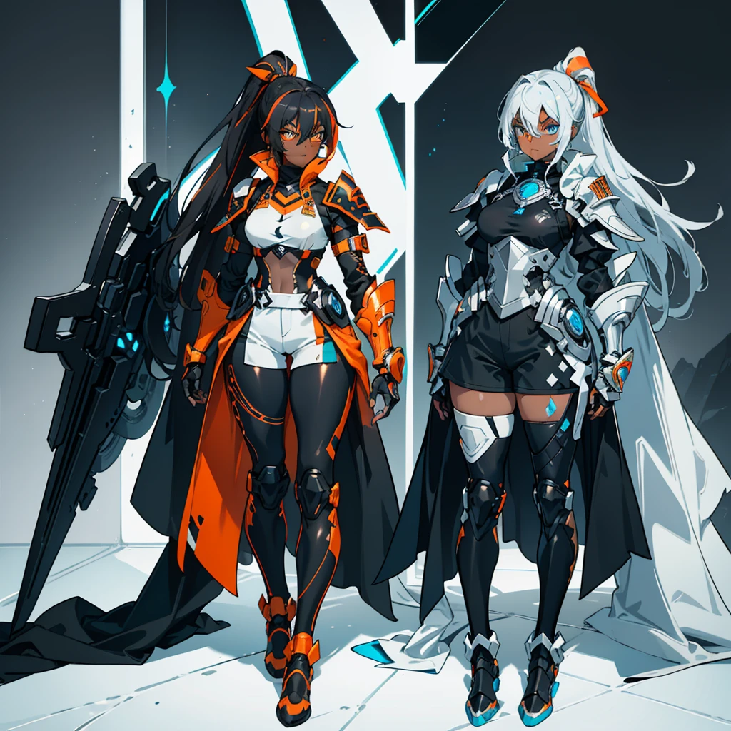 (((One character))), Female, (((Dark Skin)))), Black Hair with Ponytail, Light Blue Eyes, Round Glasses with a Little Dark Lens with this Lens being Orange, and the Light Blue Color frame, (((Black Metallic Gauntlets and Greaves with Orange and Silver Highlights)), (((The Clothes Have a Mix of Modern and Tribal)))), Having Mostly Black Color, but having Orange Parts, Shoulders on Display, On the Hip a Shorts extending to Half of the Thigh of black color.