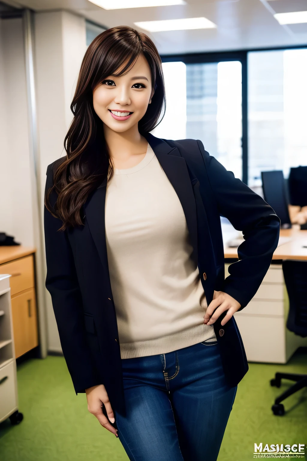 masutepiece, Best Quality, 超A high resolution,(photographrealistic:1.4) (depth of fields),(Lens Glow) , jaket:1.5、Inside the office:1.5、a Pretty Japanese woman:1.5、officeworker、Sexy buttocks:1.5、put hands on the hip:1.5、smil、Tight pants:1.5