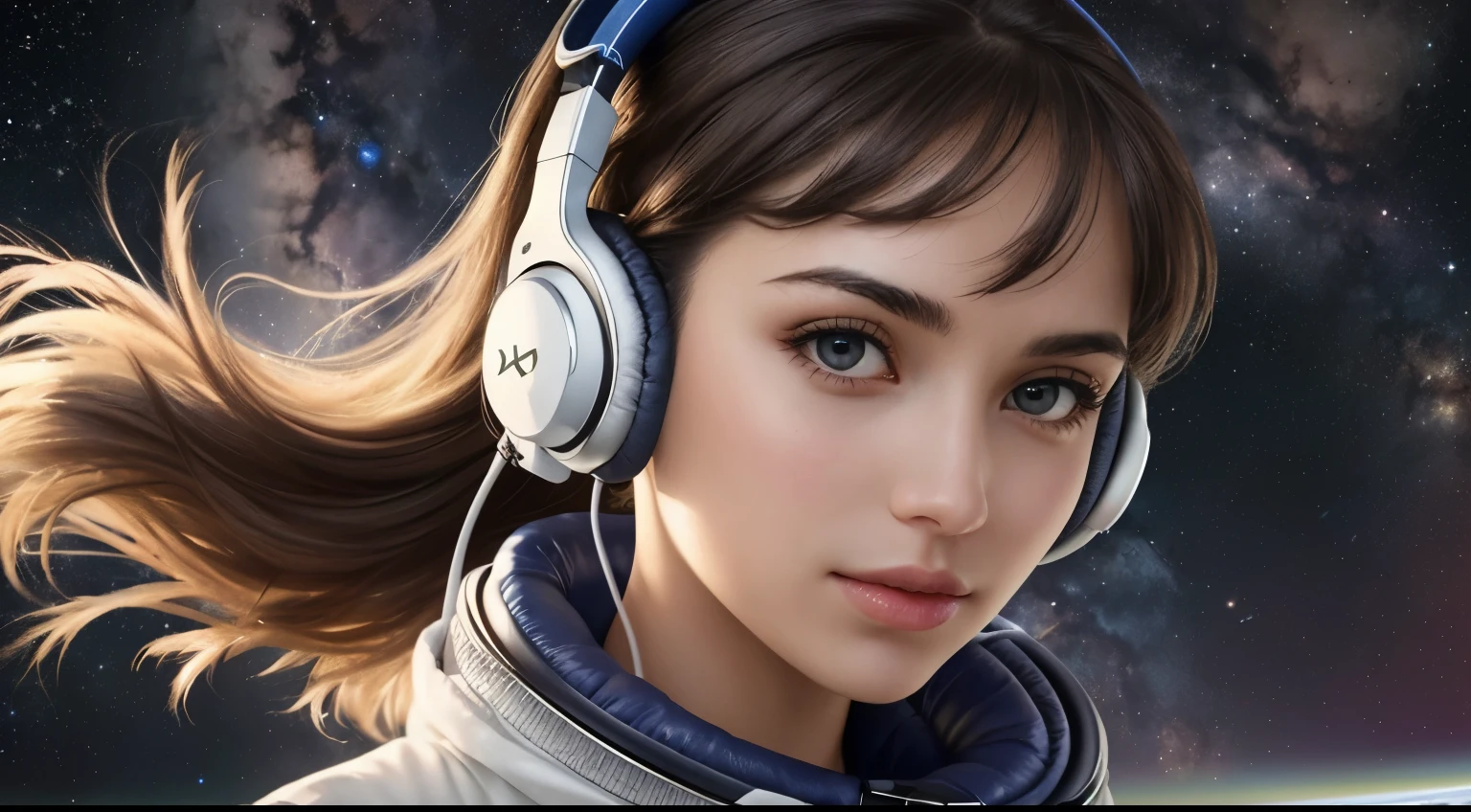 ((best quality)), ((masterpiece)), (detailed), beautiful girl face in sci-fi headphones with windy hair and space background