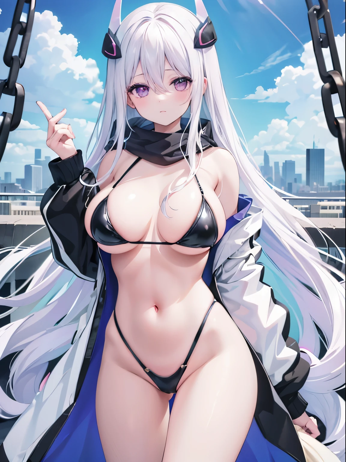 2D Beautiful Girl，Celluloid style，Ultra-clear original picture，Lighting, girl，Kagura Nana，Nana Kagurirtual Host，cropped shoulders，long  white hair，Hands imprisoned by chains，Hanged by chains on the city wall，White scarf，Black long-sleeved coat，White bikini，Show most of your belly，Beautiful navel，Loving eyes，cute  face, beautidful eyes，Highest image quality，of works, tmasterpiece，Amazing, good looks, of workrightened light，Studio light，playground