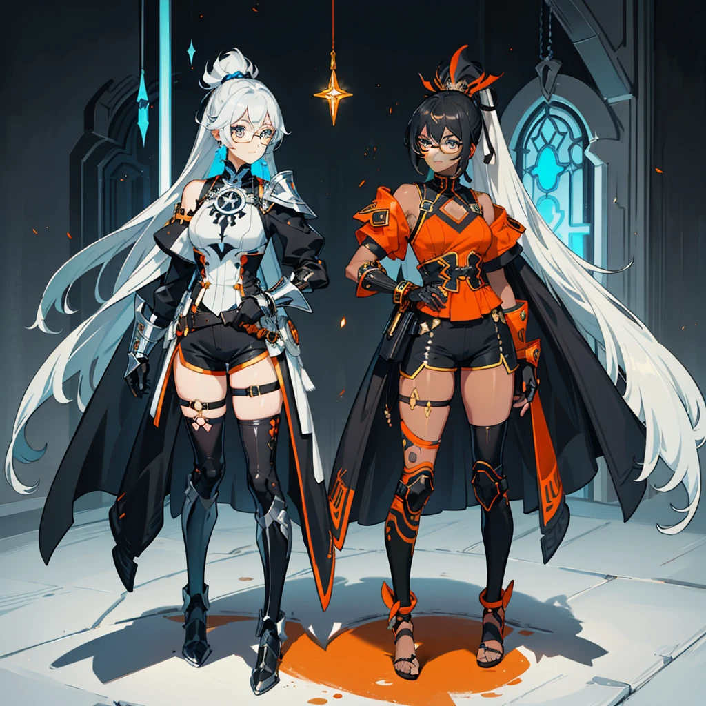 (((One character))), Female, (((Dark Skin)))), Black Hair with Ponytail, Light Blue Eyes, Round Glasses with a Little Dark Lens with this Lens being Orange, and the Light Blue Color frame, (((Black Metallic Gauntlets and Greaves with Orange and Silver Highlights)), (((The Clothes Have a Mix of Modern and Tribal)))), Having Mostly Black Color,  but having Orange Parts, Shoulders on Display, On the Hip a Shorts extending to Half of the Thigh of black color.