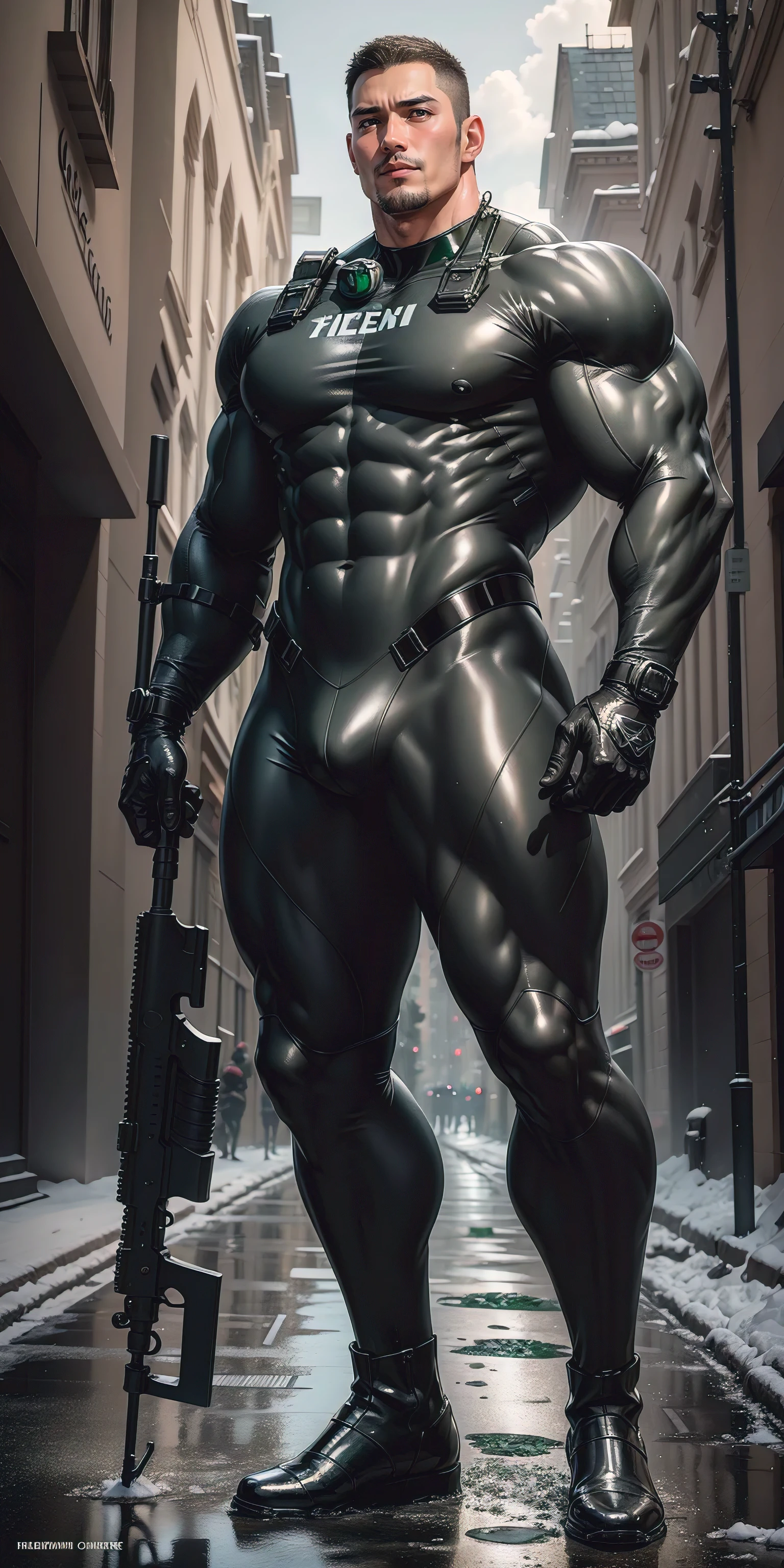 The tall, humongous large breast, Muscular man opens his mouth and enjoys，Light gray camouflage uniform，character  design（Resident Evil - Chris Redfield，Chris Redfield）Wearing a shiny light gray camouflage wetsuit，High leather texture，Regular symmetrical texture pattern，Standing on Slime Street, A lot of silty silt，expression sad，Deep and charming eyes，The hero with emerald pupils，heroic masculine pose，Tall and burly，musculous！Charming leg muscles，tall, Burly, and strong， Wearing a shiny light gray camouflage wetsuit， Super gain and cool， commission for high resolution， Big feet in black boots，Charming strong man，Bright sunlight shines on the body，Reflective and shiny