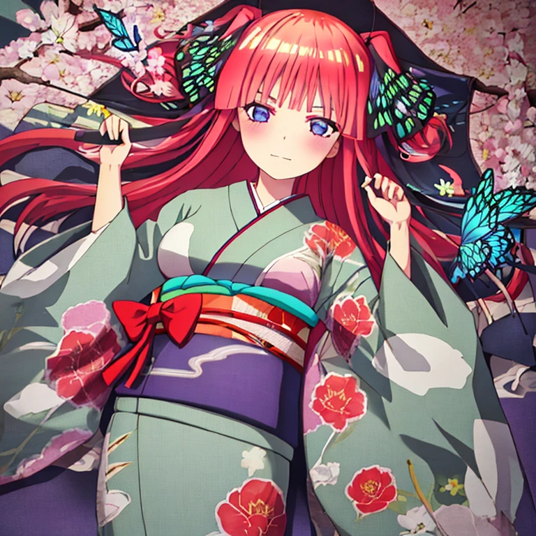 {Best Quality}, {very aesthetic}, {Ultra-detailed}, {Best Illustration}, 1girl, japanese kimono, Kimono with butterfly pattern