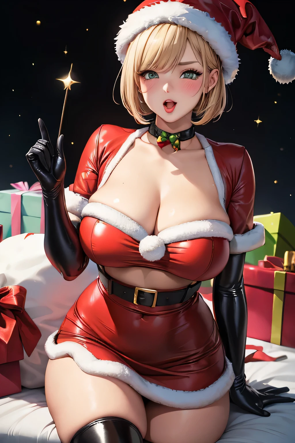 realisitic, top-quality, 1womanl, Mature, ((red blush)), perspiring, Santa Cap, Blonde Bob Hair, (Protruding tongue), ((Santa Claus Costume))、Black PVC gloves, large full ???????,  双臂在头后