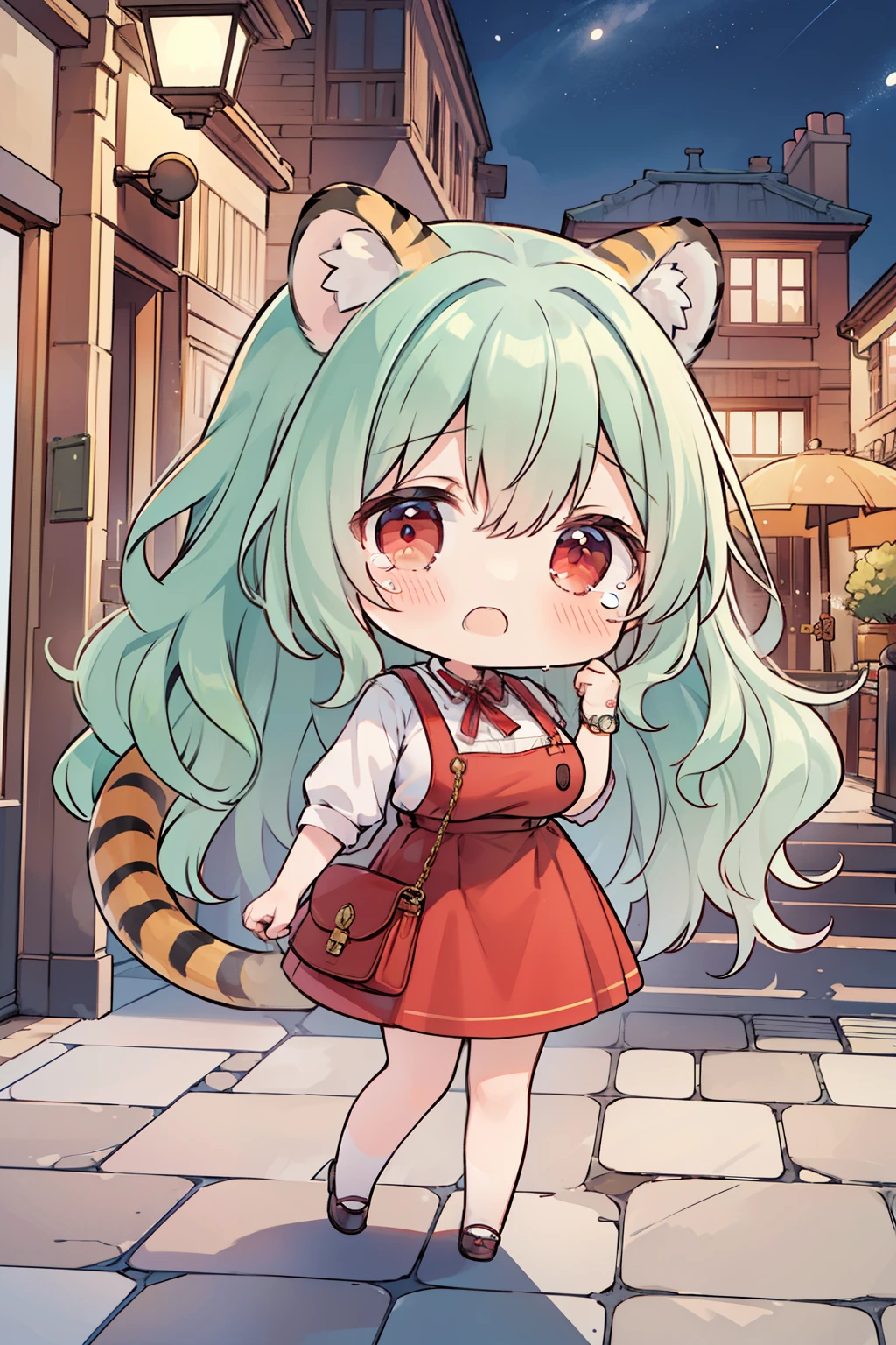 ((chibi:1.5)), (masterpiece), (best quality), high resolution, ultra detail, photorealistic, 8K, ((1 girl, solo)), large breasts, (long wavy hair, green hair, big red eyes, tiger ears, tiger tail),  red pinafore, crying, (holding  handbag), Illumination street, night