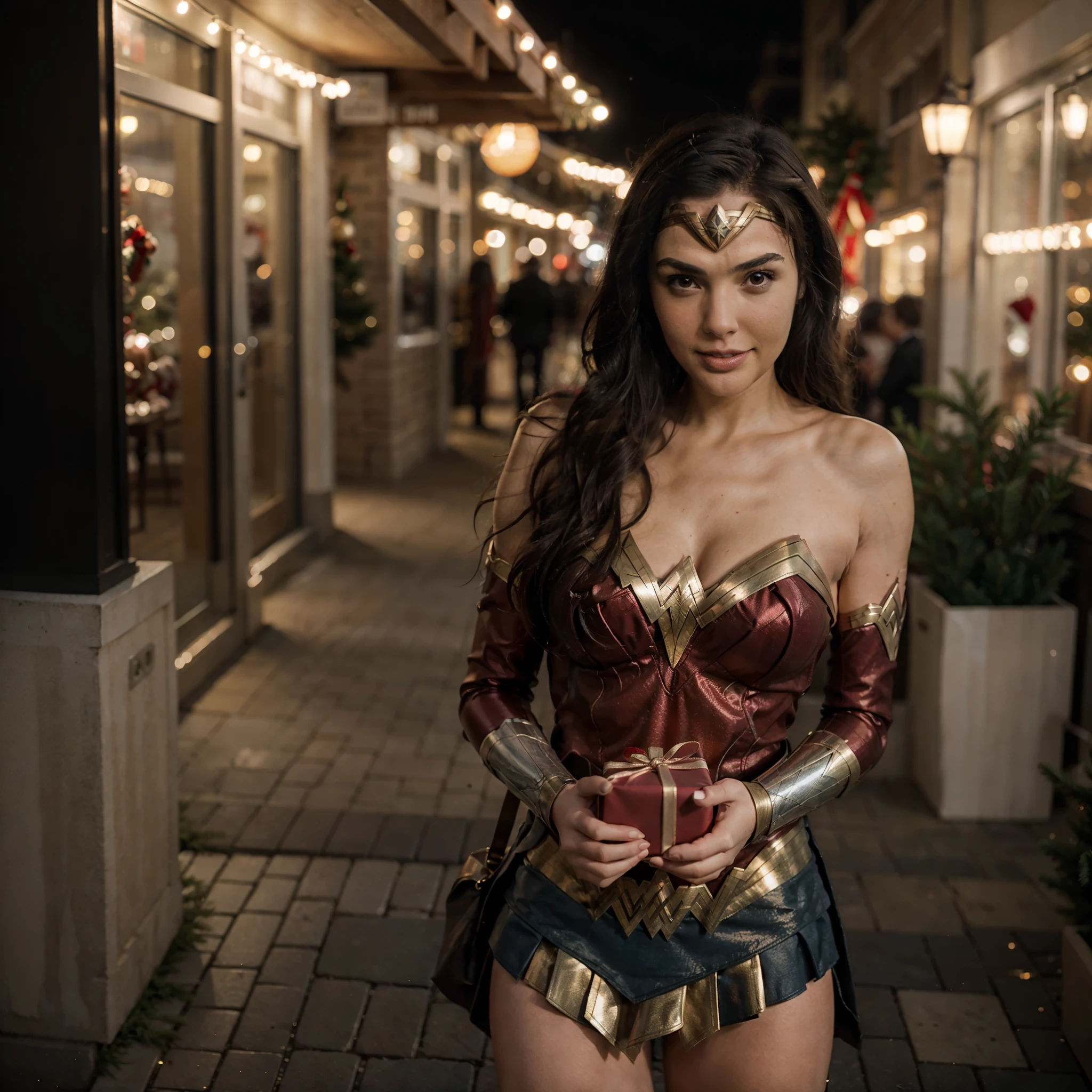Wonder woman, gal gadot, Christmas Version uniform, Classic Christian postcard, Delivering a gift package, city with Christmas light blurred background, 8k, RAW, ultra realistic smiling