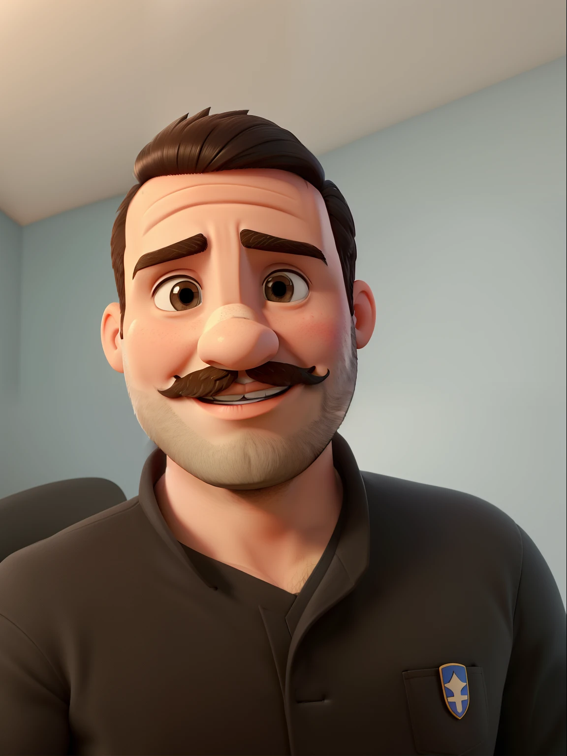 Homem com bigode, rosto triangular um pouco gordinho, olhos pequenos, cabelo curto, sorrindo de boca fechada, gordinho