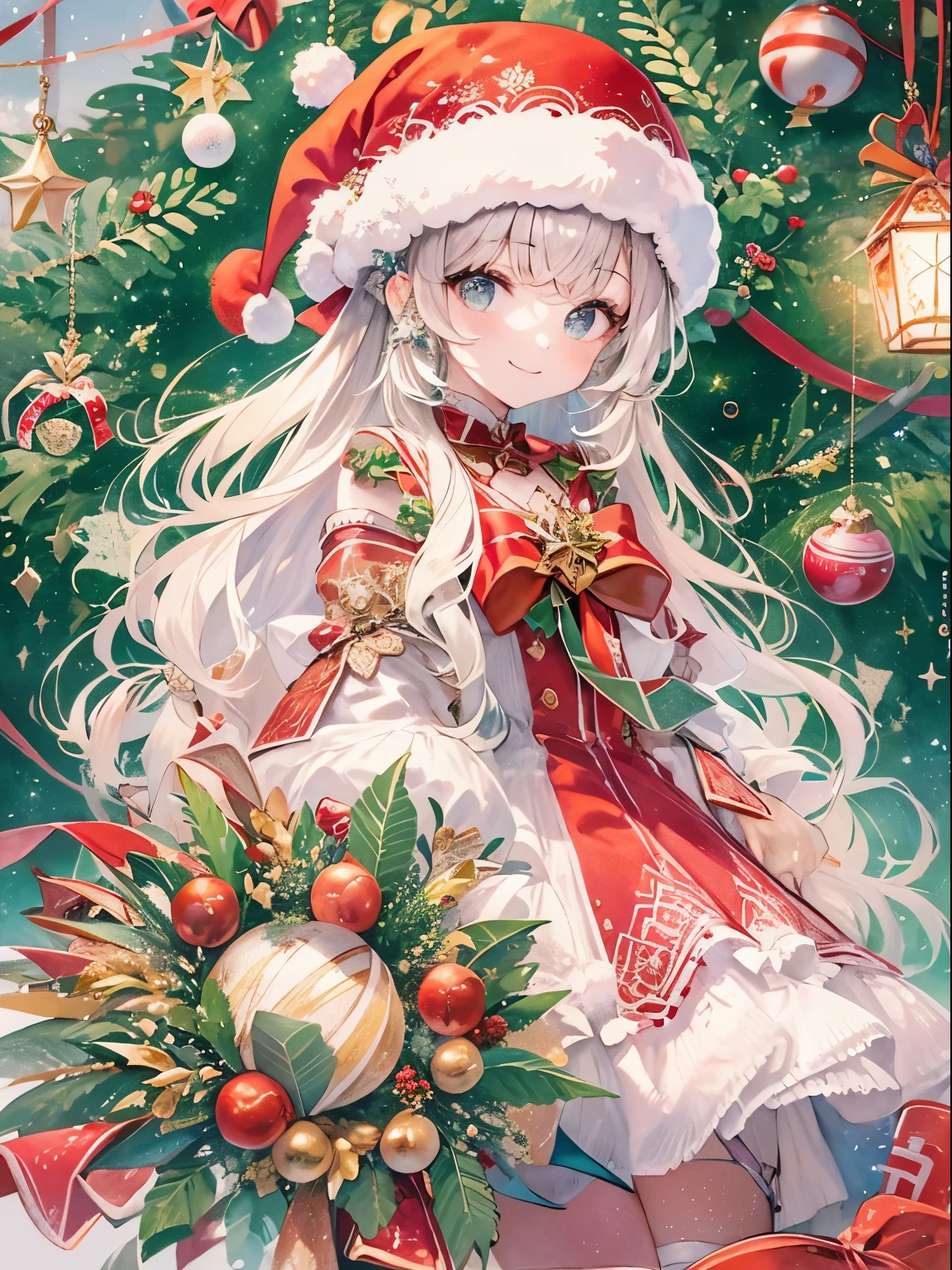 absurderes,hight resolution,ultra-detailliert,1girl in,a closeup、(Cute illustration:1.1)、(watercolor paiting:1.1)、(vibrant glow:1.2)、striking contrast、Beautifully detailed、christmas night、reddish、verdant、illuminations、Santa Clothes、Yuki、Holly、Christmas cake、stele、white Christmas、Christmas tree、Glitter、cinematric light,1girl in、(Wear red and green lace feathers:1.5)、masutepiece, Best Quality, Extremely detailed, Anime, Christmas Colors、Holly、Flower Arrangement Wreath Background、A smile、、 Dress, knee sox, Lace, Christmas Colors:1.1、Holly、Flower Arrangement Wreath Background、A smile、(PastelColors:1.2)、(Cute illustration:1.2)、(watercolor paiting:1.2)、、,levitation:1.1、Thick wool gown:0.3,Wearing a golden glow、Look at viewers