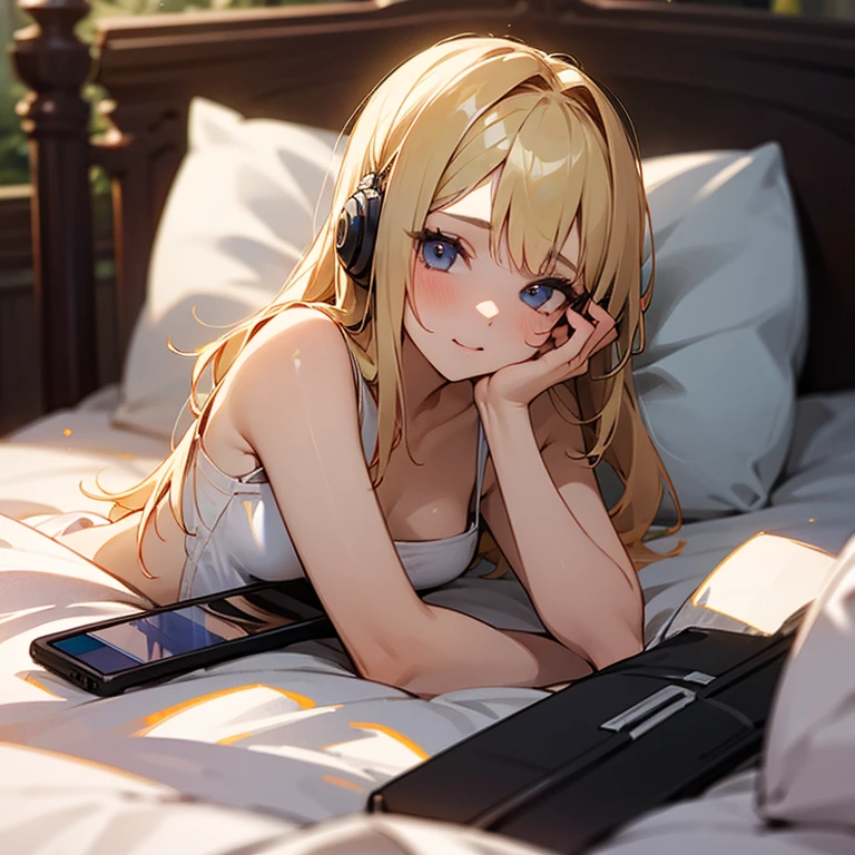 girl with a smartphone、Lying in bed、head phone、A sexy、a blond、Americans
