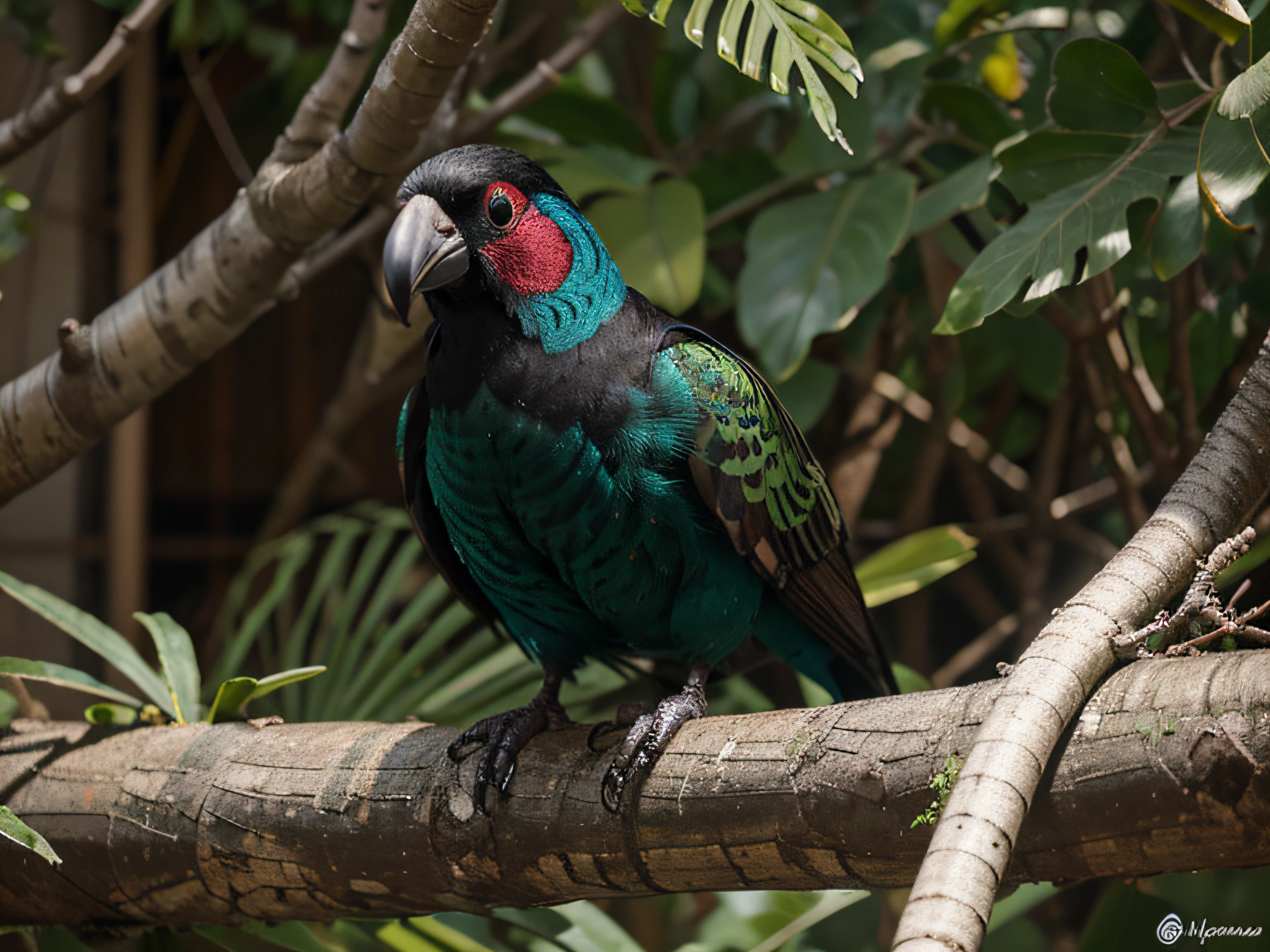 papagaio colorido com bico preto e penas amarelas e verdes