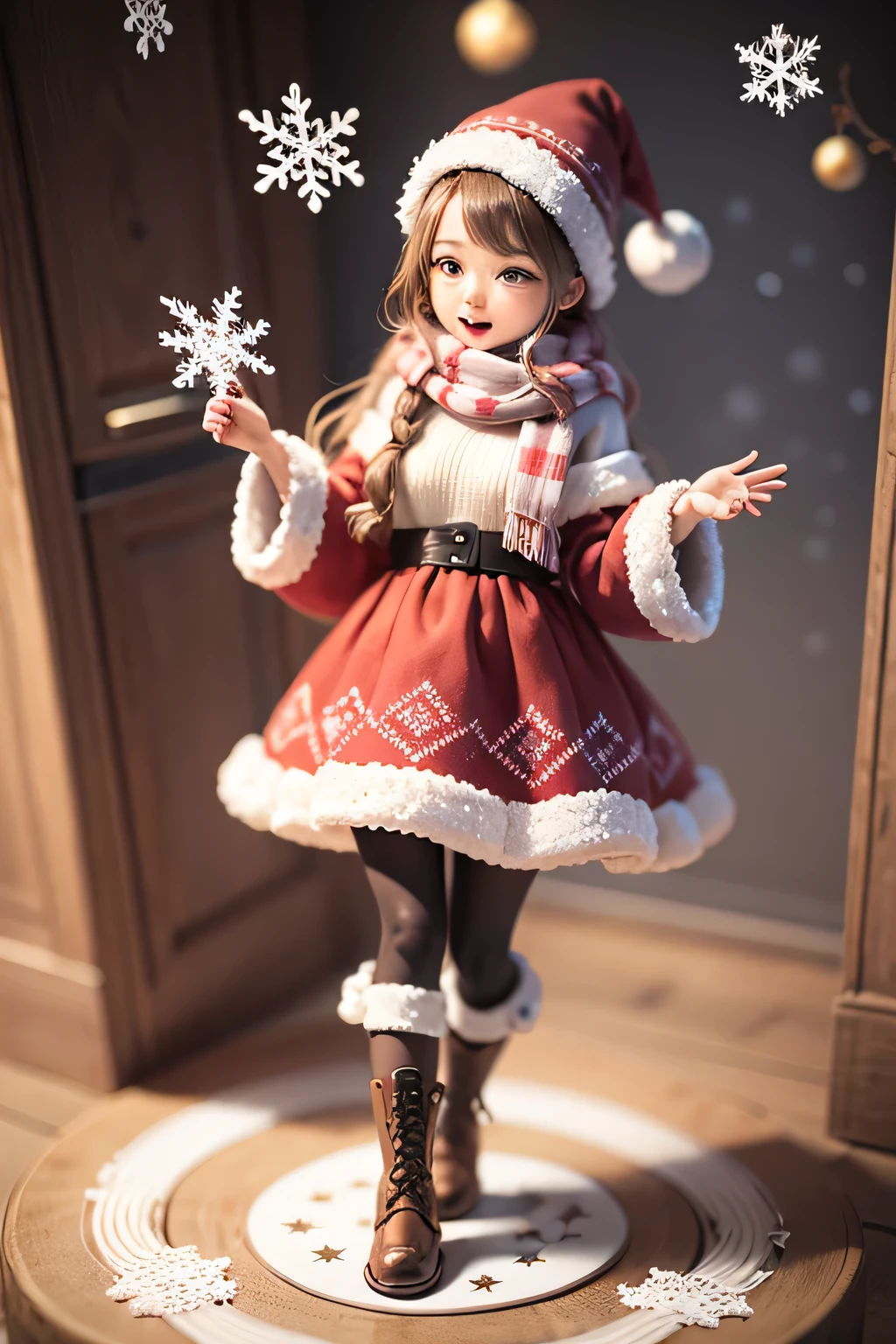 Picture a Christmas cake fashioned in the shape of a woman donning adorable winter attire. The cake stands elegantly, resembling a cheerful figure wrapped in a cozy scarf, donning a vibrant sweater adorned with intricate snowflake patterns. Her skirt, crafted from layers of deliciously textured cake, mimics the soft folds of a winter dress, decorated with edible embellishments resembling festive holiday ornaments. Delicate fondant boots protect her feet from the imaginary winter chill while adding a playful touch to her ensemble. The entire cake radiates warmth and holiday cheer, inviting everyone to indulge in its delightful flavors and artistic charm.