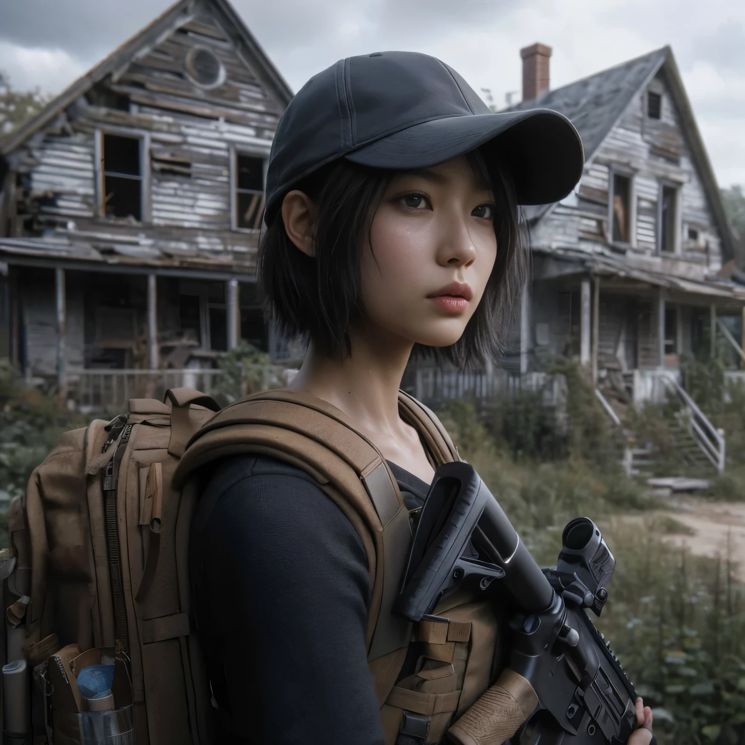 Photorealsitic、Realistic skin textures、automatic rifle、rubble