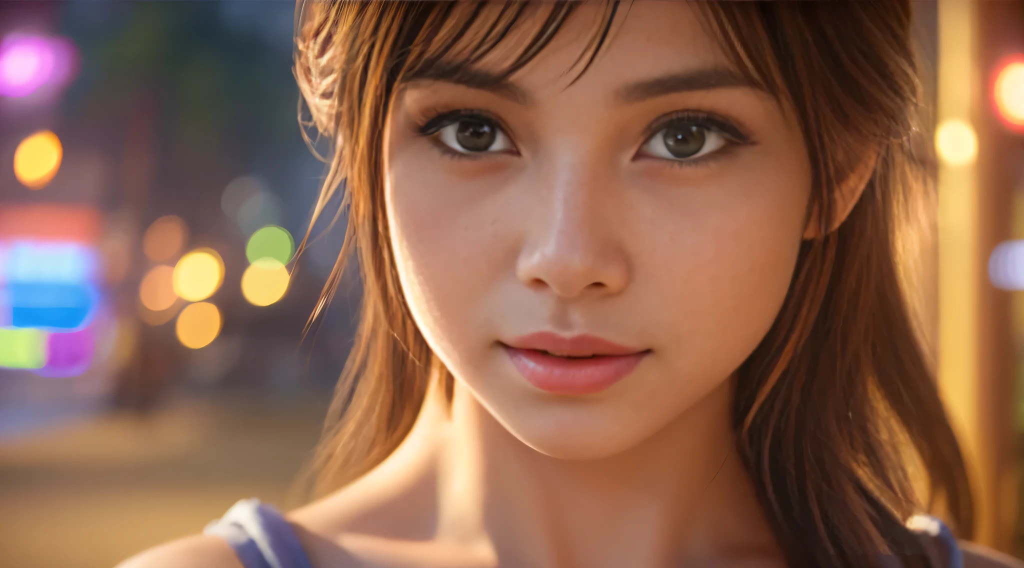 Night Girl, Close-up of her upper body, At an angle showing her detailed eyes, Nose, and a lip. she has very beautiful eyes and detailed lips. The image is captured in 8K resolution and represents the Best Quality. It is an artistic masutepiece with a Realistic and photoRealistic style. The colors are bright and the lighting creates a beautiful atmosphere.. 少女は穏やかでserene expressionsで描かれています. She is a budista and has a Big Bust. The prompt is (8K resolution, Best Quality, masutepiece:1.2), Realistic, photoRealistic:1.37, detailed eyes and a lip, serene expressions, budista, Big Bust.