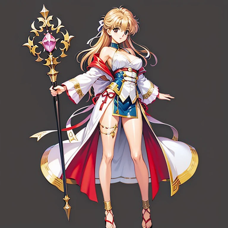 urushihara satoshi, 90s, retro artstyle, 90 style, girl, fantasy, holding staff,