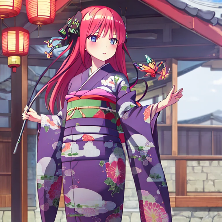 {Best Quality}, {very aesthetic}, {Ultra-detailed}, {Best Illustration}, japanese kimono, Kimono with butterfly pattern, Standing Girl