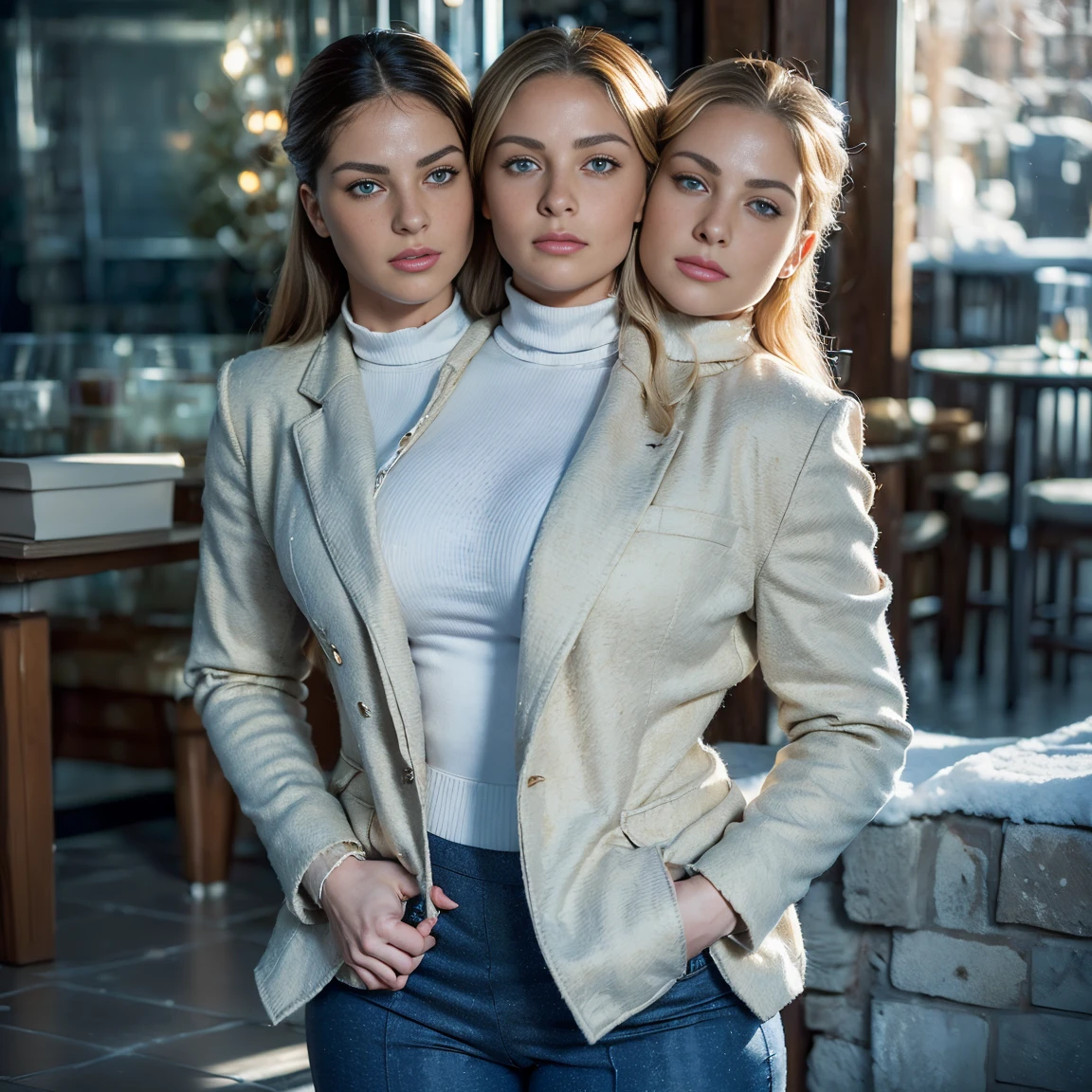 (((3 heads, Best Quality:1.4), (modernity), thick-thighs, wide thighs, but very wide waist)),(obese),(Shot Full Body), 1male, feminine face, hairlong, pulled into a ponytail to one side,独奏, ass pov, Masterpiece, SFW, Stunning , Thick-rimmed glasses, (Standing:1.1), dynamicpose, (бордово-зеленая рубашка с глубоким вырезом и jacket оверсайз с высоким воротником , Black women'jacket :1.4), (tight White trousers for the office, White trousers for the office: 1.4), (((((Big bulge))))),(красно-зеленая jacket: 1.4), (Long Platinum Blonde Hair, pulled into a ponytail to one side), long curly red hair, pulled into a ponytail to one side,Bangs, heart shaped face, Elegant face, beatiful face, freckles, highly detail face, high-detailed skin, pores skin, sub-surface Scattering, (Details of blue eyes), Realistic pupils, no facial hair, no body hair, (((Big bulge))),A loving smile, looking at the audience, Full blush, plump lips, Holding a wallet in your hands, centered, , in the snowy winter courtyard of a typical American winter suburb, windy, Detailed background, Depth of field, atmospheric perspective, voluminous lighting, Clear Focus, Absurd, Realistic Proportion, good anatomy, (Realistic, Hyper-realistic:1.4), 16K HDR,(3 heads)