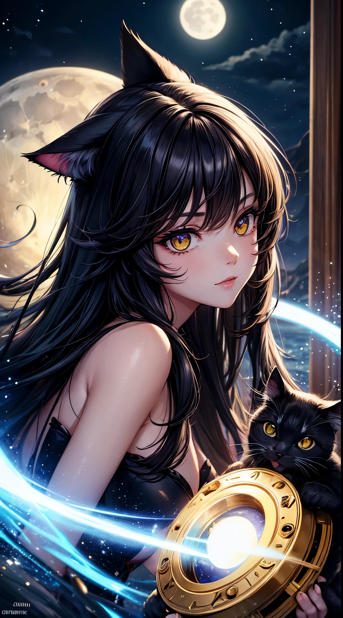 sexy, cat girl, tiger stripes, dancer, black hair, blue eyes, slender, stars, naked, small breasts