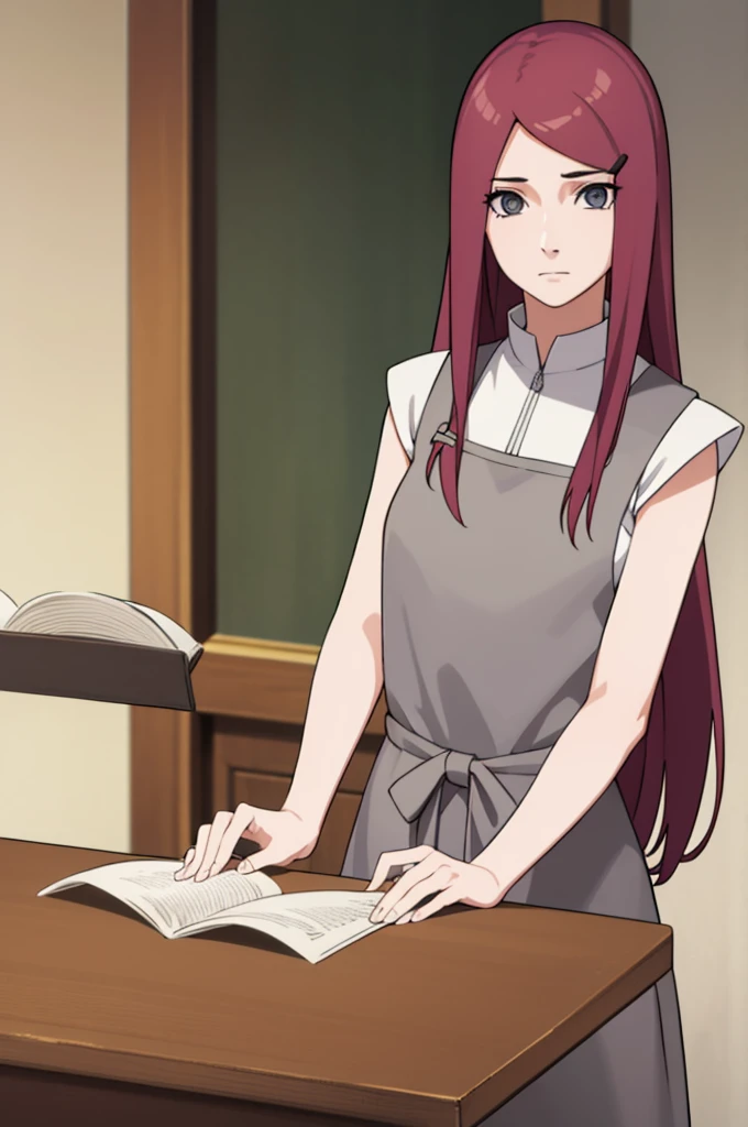 kushina, kushina, long hair, hair ornament, red hair, hairclip, (grey eyes:1.5),
BREAK shirt, dress, jewelry, white shirt, short sleeves, apron, bracelet, green apron, collar,
BREAK looking at viewer, upper body, full body, cowboy shot,
BREAK indoors,
BREAK (masterpiece:1.2), best quality, high resolution, unity 8k wallpaper, (illustration:0.8), (beautiful detailed eyes:1.6), extremely detailed face, perfect lighting, extremely detailed CG, (perfect hands, perfect ???????),