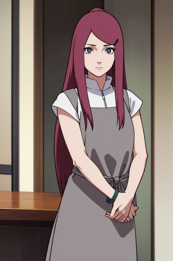 kushina, kushina, long hair, hair ornament, red hair, hairclip, (grey eyes:1.5),
BREAK shirt, dress, jewelry, white shirt, short sleeves, apron, bracelet, green apron, collar,
BREAK looking at viewer, upper body, full body, cowboy shot,
BREAK indoors,
BREAK (masterpiece:1.2), best quality, high resolution, unity 8k wallpaper, (illustration:0.8), (beautiful detailed eyes:1.6), extremely detailed face, perfect lighting, extremely detailed CG, (perfect hands, perfect anatomy),