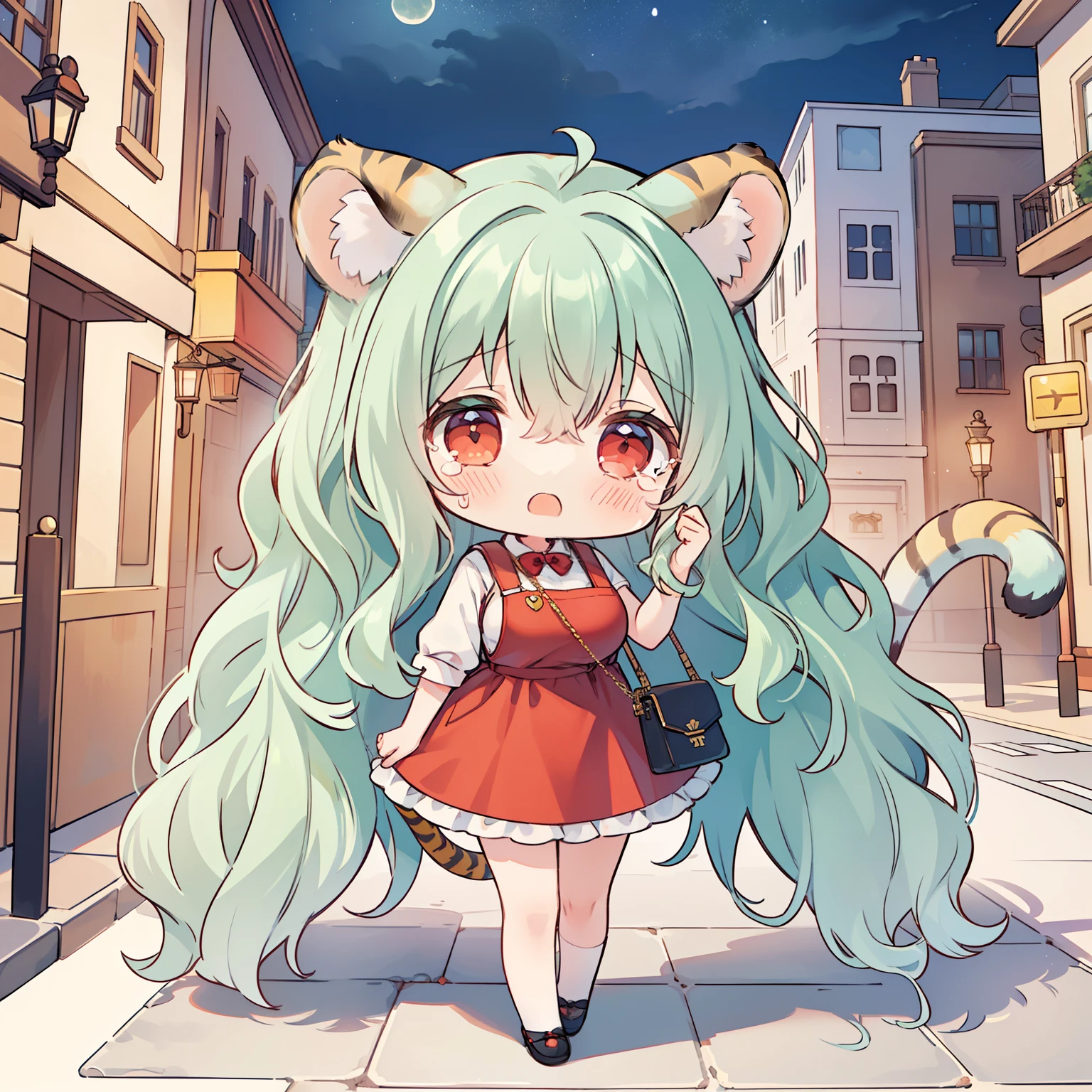 ((chibi:1.5)), (masterpiece), (best quality), high resolution, ultra detail, photorealistic, 8K, ((1 girl, solo)), large breasts, (long wavy hair, green hair, big red eyes, tiger ears, tiger tail), red pinafore, crying, (holding handbag), Illumination street, night