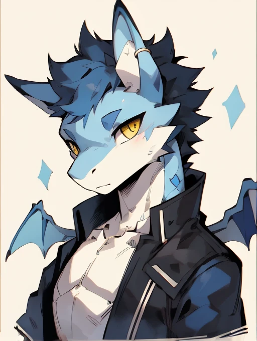 Coat color is blue，Golden eyes，The white corners have this golden ring pattern，Blue dragon wings，White belly