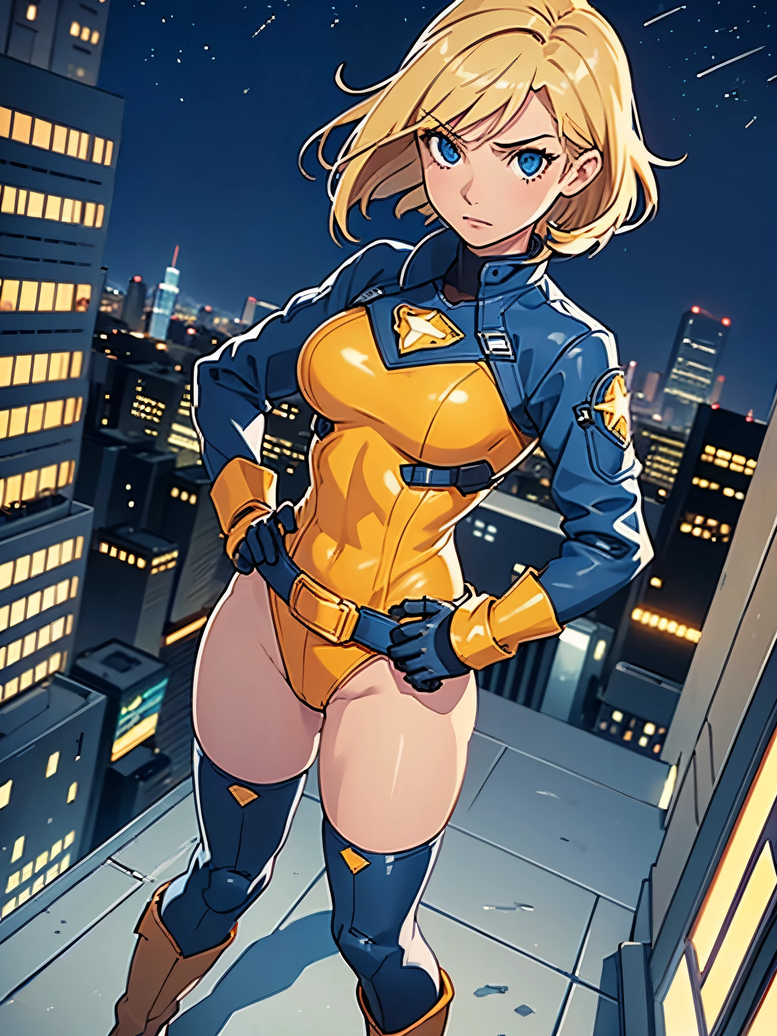 1girl, medium breasts, leotard, bare legs, tight belt, boots, gloves, city backdrop, solo, single, hands on hip, standing, full body shot, cowboy shot, superhero, beautiful detailed eyes, mature lady, star symbol on chest, blonde hair