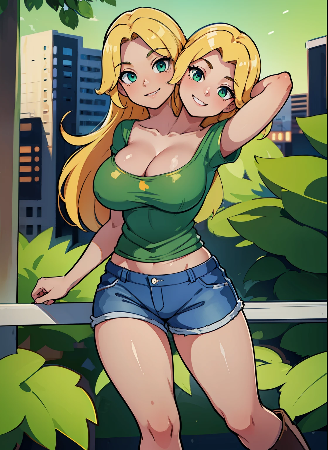 best quality, (masterpiece),(ultra-detailed), (high quality), (high resolution), (2heads:1.5) Gal, blond long hair, large breasts, thighs, shorts, cleavage, blue shorts, (close shot,best quality:1.5, highres, UHD, 4K), city street background, smiling, green t shirt shirt, green eyes, night city background, brown boots, full body