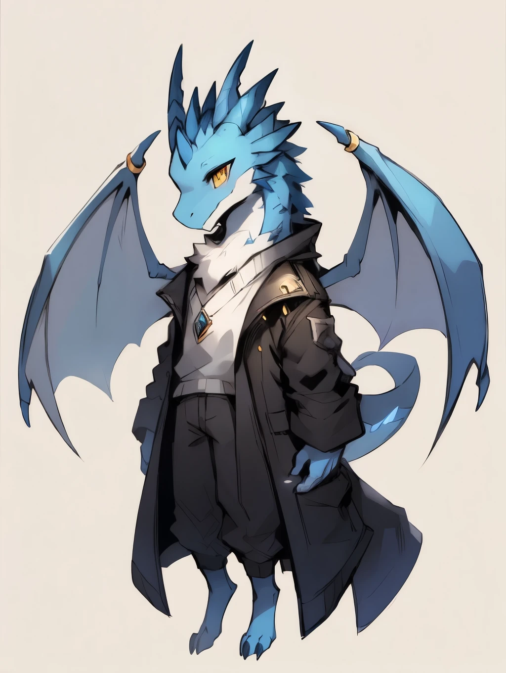 The coat color is blue，gold eyes，White horns with golden ring pattern，Blue dragon wings，White belly，The clothes ar