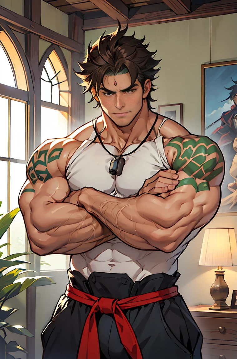 show off thick arms to the audience，Side Body，Sense of evil，Sharp eyes，Thick dark brown hair on crotch，Upper body clothes，closeup of arms，The protagonist enthusiastically hugged a thinner and shorter peer around his waist. The peer looked full of enjoyment.，（（The audience looks up at the protagonist from bottom to top）），（（The protagonist looks down at the audience）），There are strange dark green patterns on his shoulders，Shoulders exposed，Stout arms，Shoulders very broad，Muscles protrude a lot，Bulging crotch，（Long and explosive legtremely tall height），Highest image quality，Pessoas do sexo masculino，Child，1 menino，jovem e bonito，Shoun，Cabelo liso curto，Pele escura，Anime peito grande，anime wallpaper，sozinho，Foco Masculino，cuecas，Dilation of the pectoral muscles，capa vermelhirilha saliente，Fundo Urbano，Espalhe as pernas，sexy,(master part, best quality),meias brancas longaotas Red Martin，((Exaggerated bulge of muscles))，The protagonist is very tall and his head almost reaches the ceiling.，The background is in an interior with vintage furniture and vintage wooden floor surrounding，Lush woods outside the window，musclebound and hulking, muscular characters, super buff and cool, tall and muscular, muscular!!, very buff, 2 muscular attractive men, massive muscles, big muscle, Muscular men, Two anime handsome men, muscular!, gigachad muscles, muscular bodies, muscular character，Giant arm