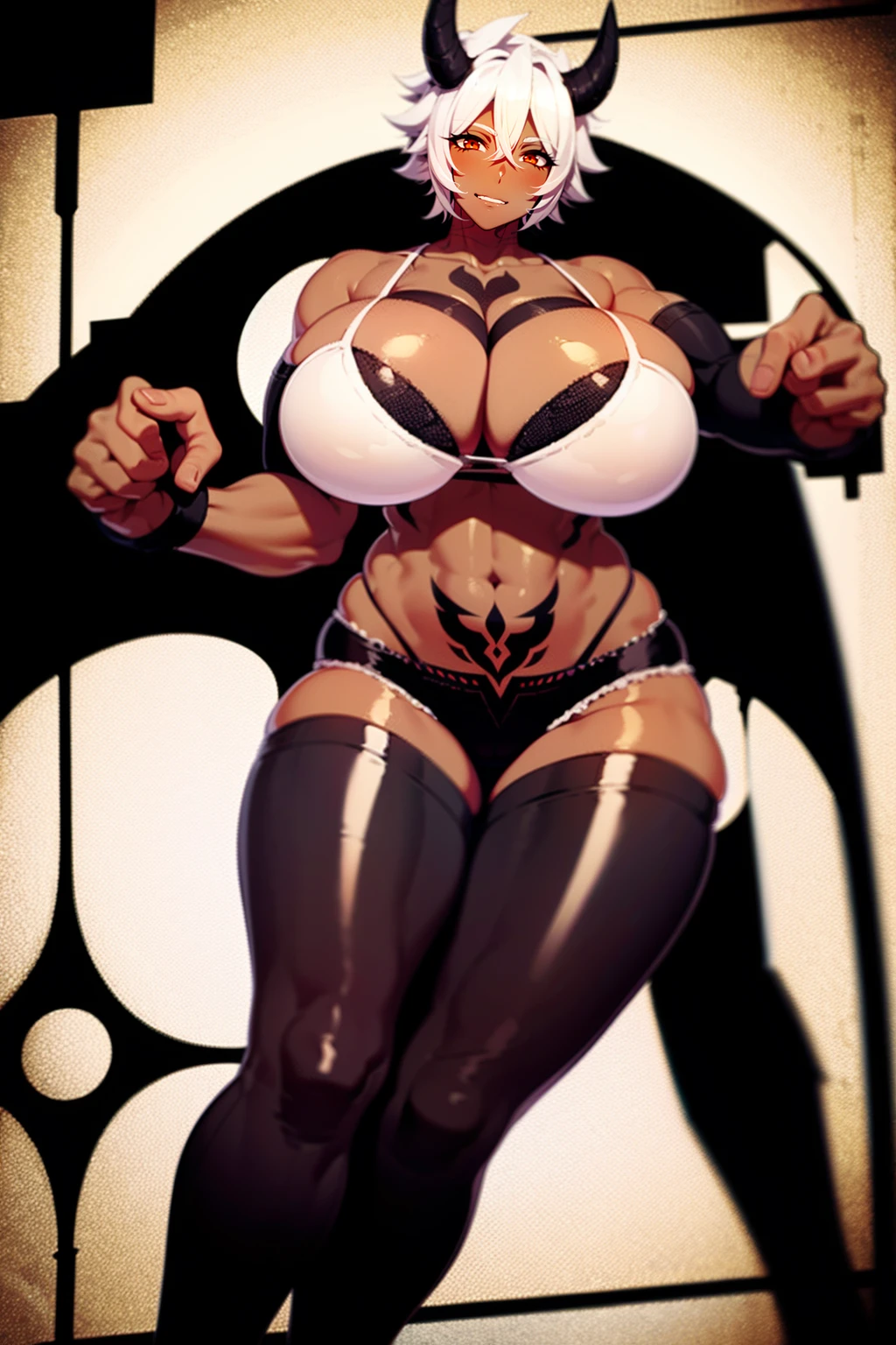 helga, dark-skinned female, short hair, silver hair, horns, red eyes, , huge breasts, no wings, muscular female, thick thighs, thick arms, tomboy,full body tatto,, no tail,fertility tatto, breeding tatto,smug, holding axe, reflection light, blending, bloom, god rays, ray tracing, Fujicolor, drop shadow, Gothic art, anime, Ghibli-like colours, anime style, UHD, retina, masterpiece, ccurate, anatomically correct, textured skin, super detail, high details, high quality, award winning, best quality, highres, 1080P, HD, 4K, 8k, 16k,refsheet, pullover, pants,full armor, medieval armor