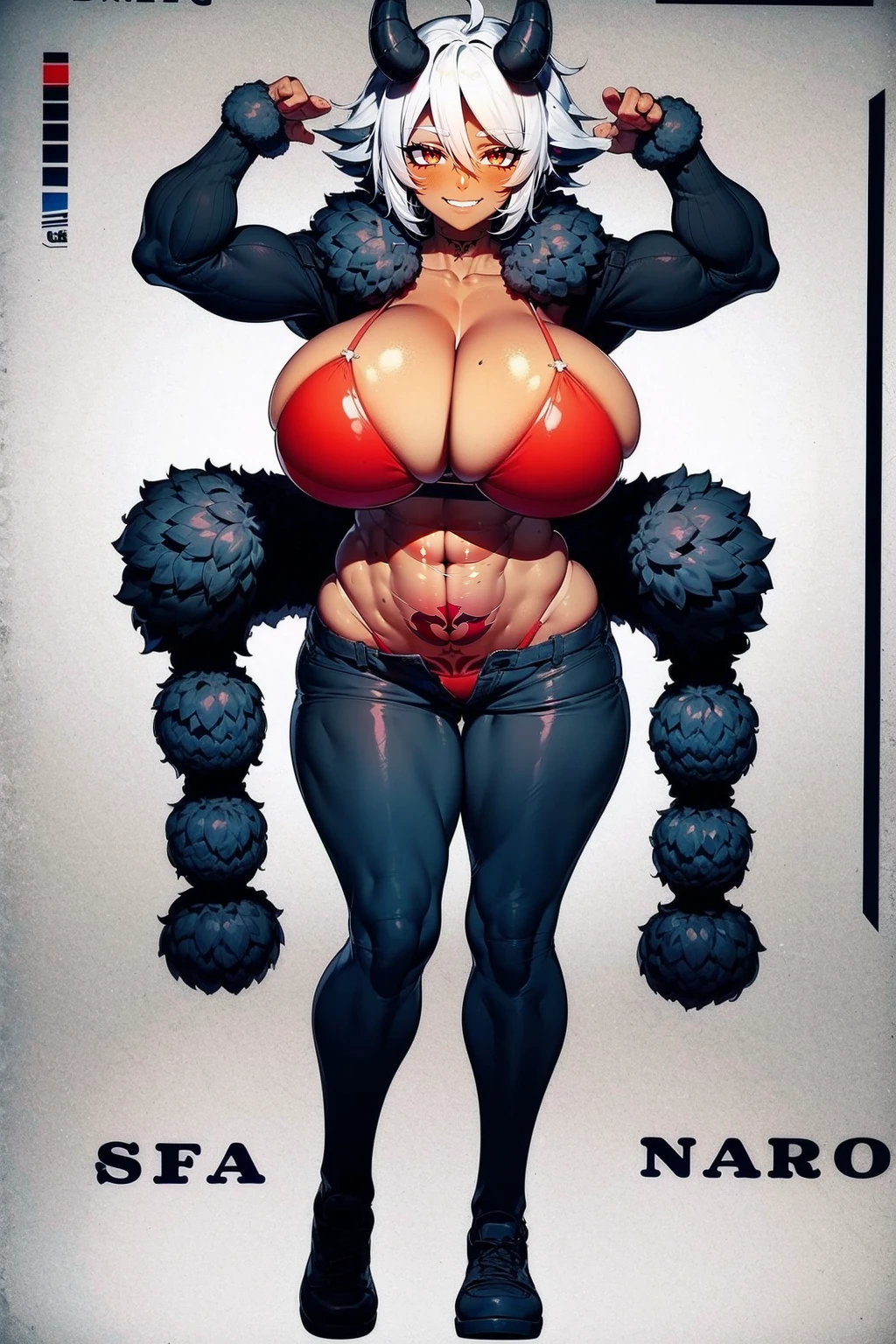 helga, dark-skinned female, short hair, silver hair, horns, red eyes, , huge breasts, no wings, muscular female, thick thighs, thick arms, tomboy,full body tatto,, no tail,fertility tatto, breeding tatto,smug, holding axe, reflection light, blending, bloom, god rays, ray tracing, Fujicolor, drop shadow, Gothic art, anime, Ghibli-like colours, anime style, UHD, retina, masterpiece, ccurate, anatomically correct, textured skin, super detail, high details, high quality, award winning, best quality, highres, 1080P, HD, 4K, 8k, 16k,refsheet, pullover, pants,full armor, medieval armor