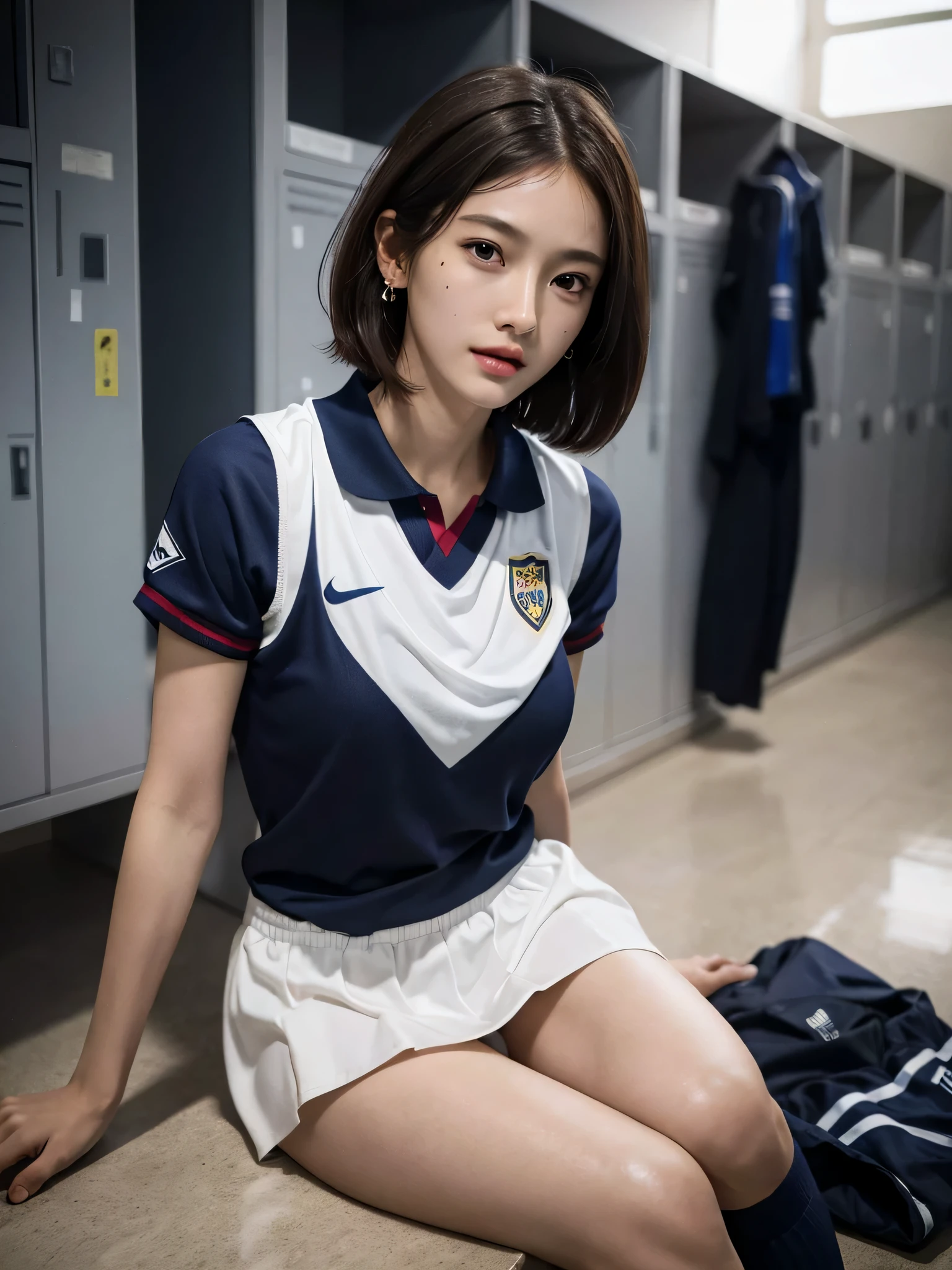 absurderes, Raw photo, Extremely delicate and beautiful, masutepiece, Best Quality, Ultra High Resolution, 16 K, hyper realisitic, Ultra-detailed, Perfect Anatomy, Ultra-detailed細なスキン, Perfect figure, Very detailed CG 8k wallpaper, in her 20s, Very slim body, Narrow waist, Very small head, Very small face, Very detailed face, Very detailed eyes, tear moles, Earring, thin legs, ((very massive round chest)), 1 rapariga, ((Full body shot)), Bare legs, Short hair, Wavy Hair, light brown hair, ((football uniform)), (Locker Room), Sleeveless, Midriff,