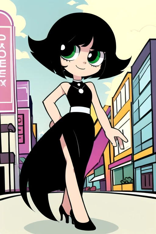1 girl, solo, A Powerpuff Girl named Buttercup, short black hair, bob cut, medium hair, green eyes, in a little black dress, a short black dress, a longer body, all grown up, a teenager style, with a pearl necklace, bare shoulders, black high heels, and being so beautiful, walking in the street, at night time in the city, in 2D illustration, 2D art style, smile, no mess up art.
