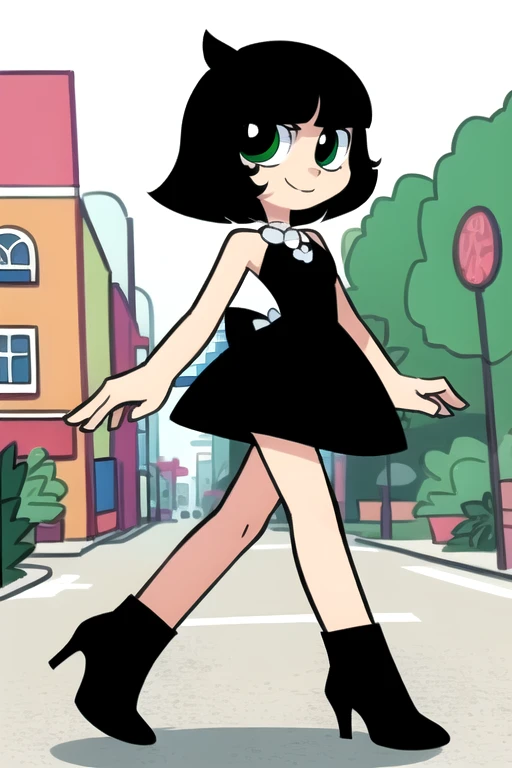 1 girl, solo, A Powerpuff Girl named Buttercup, short black hair, bob cut, medium hair, green eyes, in a little black dress, a short black dress, a longer body, all grown up, a ager style, with a pearl necklace, bare shoulders, black high heels, and being so beautiful, walking in the street, at night time in the city, in 2D illustration, 2D art style, smile, no mess up art.