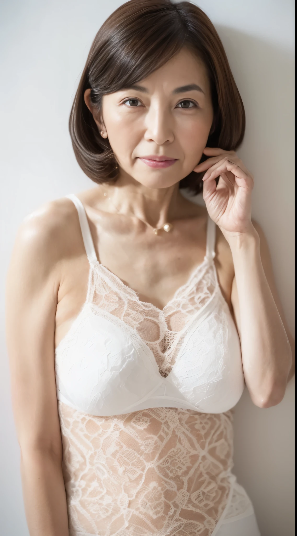 (((Solo))), Elderly Mature Woman, Pure white background, gravure, facing front, ((Center your face on the screen)), Wearing a small bra, Correctly depict lips,red-lips, Fancy makeup, from the chest up, masuter piece, Best Quality, Ultra-detailed, Photorealistic, Ultra-detailed細なスキン, Perfect Anatomy, (1 japanese mature woman), (Positive), 95 years old, Tremendous big, elderly fashion model, glamor, A sexy, Chromo-white skin, Looking at Viewer,