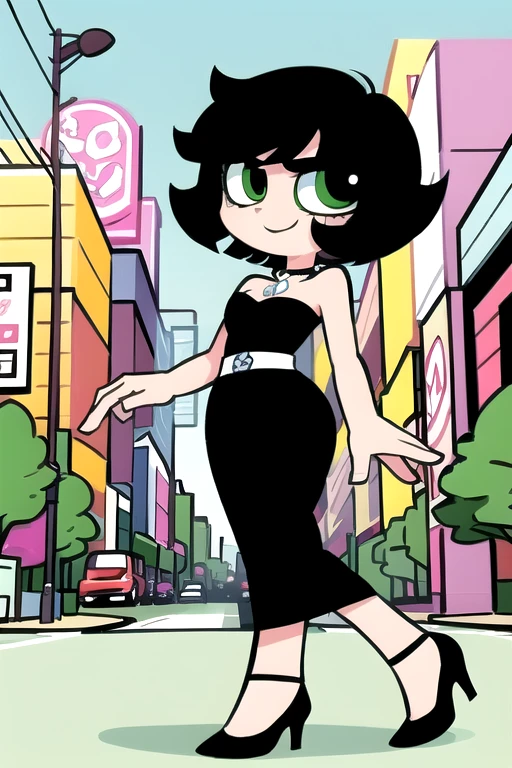 1 girl, solo, A Powerpuff Girl named Buttercup, short black hair, bob cut, medium hair, green eyes, in a little black dress, short strapless black dress, a longer body, all grown up, a teenager style, with a pearl necklace, bare shoulders, black high heels, and being so beautiful, walking in the street, at night time in the city, in 2D illustration, 2D art style, smile.