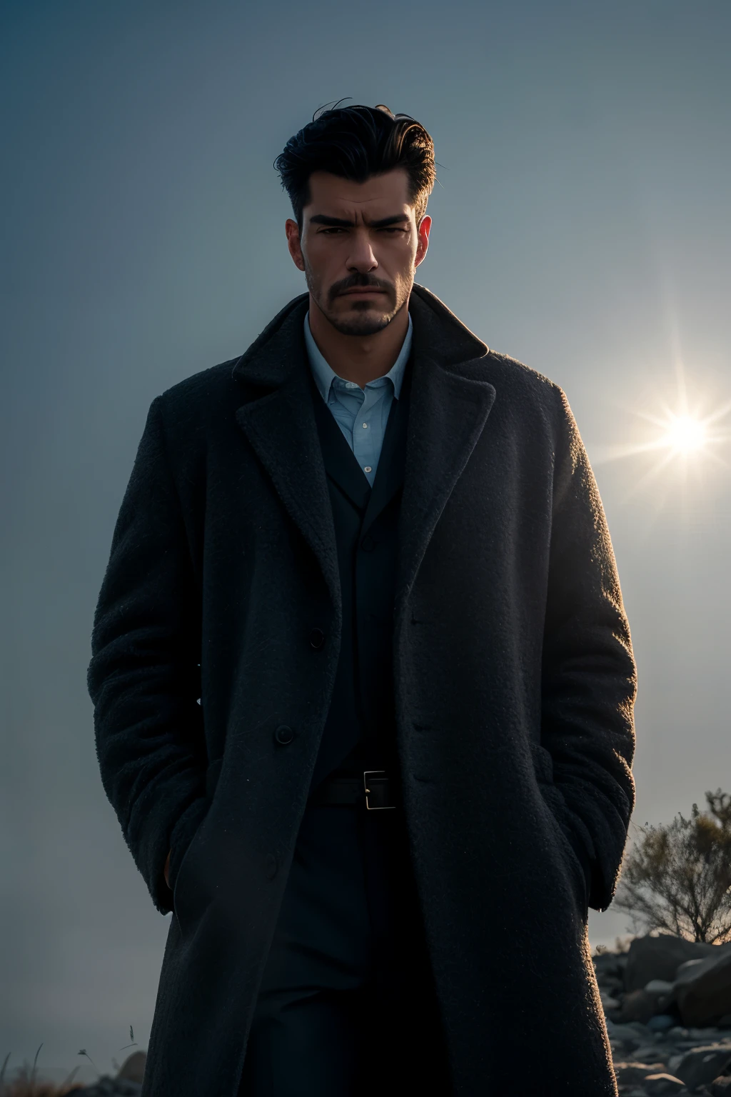 (Highest Resolution, Distinct_image) Best Quality, ((Two men)), supporting each other, Masterpiece, high detail, semi-realistic, black short hair, black hair, Bangs, Mature, Young, tall and strong, The body of the right hand is dressed in a black coat, Harsh and serious, Tall and handsome, majestic and mighty, with exquisite facial texture, bokeh, Tyndall effect