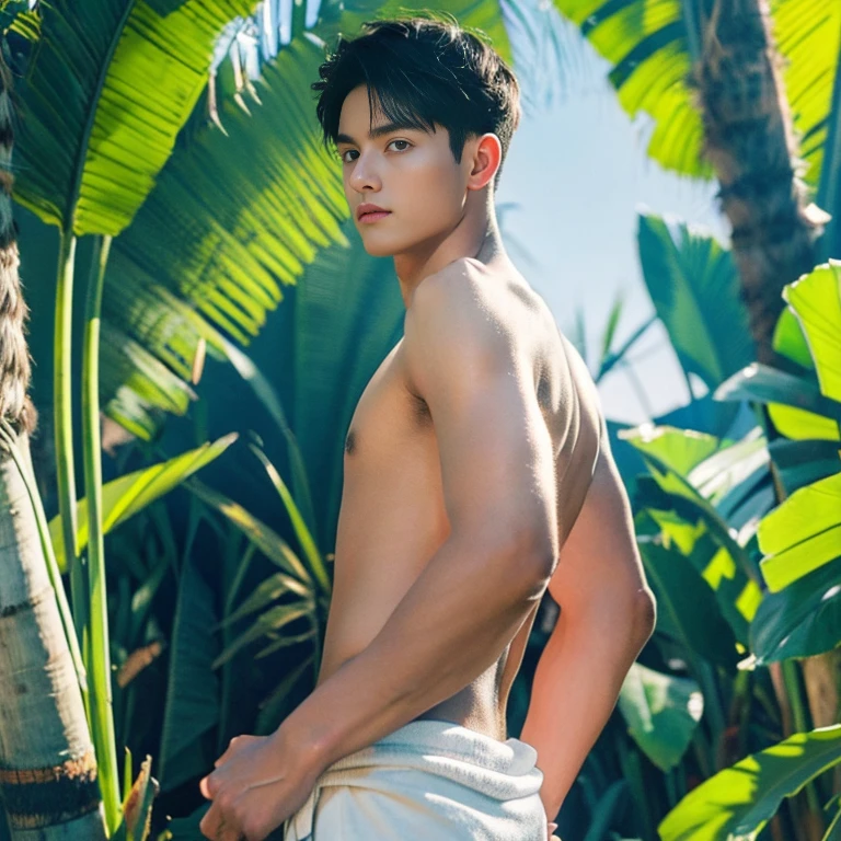 1 muscular Korean male, 20 yo, face symmetrical, cara hermosa, Ojos azules perfectos, Chispas, Topless, ((Acostarse alrededor del cuello)), ((usando solo tangas blancas sexys)), (pelo corto y negro de hombre: 1.5), piel blanca, (cabello corto y fino hecho de mechones grises), (((en una jungla, con un gran , tabla de surf: 1.2))), ((Mirando al espectador, from the rear)), ((trasero mirando menos)),((Apoyado en un gran tiki, totem)) ((Tikki, totem)) pecho musculoso, cadera grande, (pose sexy, dynamic pose), (isla), ultrahigh resolution, 8k, HDR, arte, High detail, Ojos perfectos, Ojos azules detallados, Cara detallada, cara brillante
