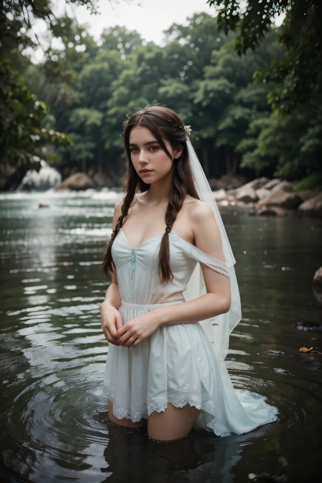 Mujer arafed vestida de blanco parada en aguas poco profundas, inspirado por Elsa Bleda, a stunning young ethereal figure, a still of an ethereal, inspirado por Nell Dorr, monia merlo, very ethereal, inspirado por William Stott, Inspirado en Irakli Nadar, Mujer joven INFP, Ethereal Beauty, inspirado por Oleg Oprisco