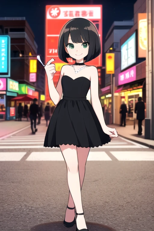 1 girl, solo, short black hair, bob cut, medium hair, green eyes, in a little black dress, short strapless black dress, a teenager style, with a pearl necklace, bare shoulders, black high heels, and being so beautiful, walking in the street, at night time in the city, in 2D illustration, 2D art style, smile.