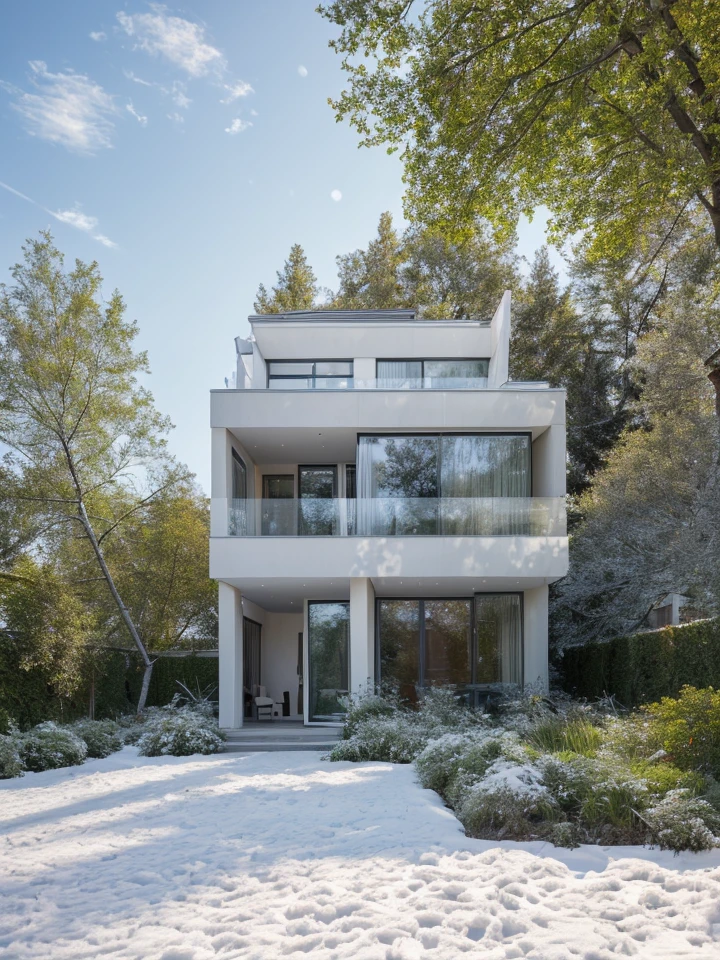 RAW photo,Masterpiece, high quality, best quality, authentic, super detail,
exterior, house style modern on the garden with white wall, glass windows, glass doors,stains, balcony, railing glass, Inax stone wall cladding, (snow:1.2), Winter weather, snow falling, snow covering trees and houses,
clean line,modernism,Realistic reflexes,realistic light, beautiful summer sky, trees, grass
(day:1.1), vivid colour, vray