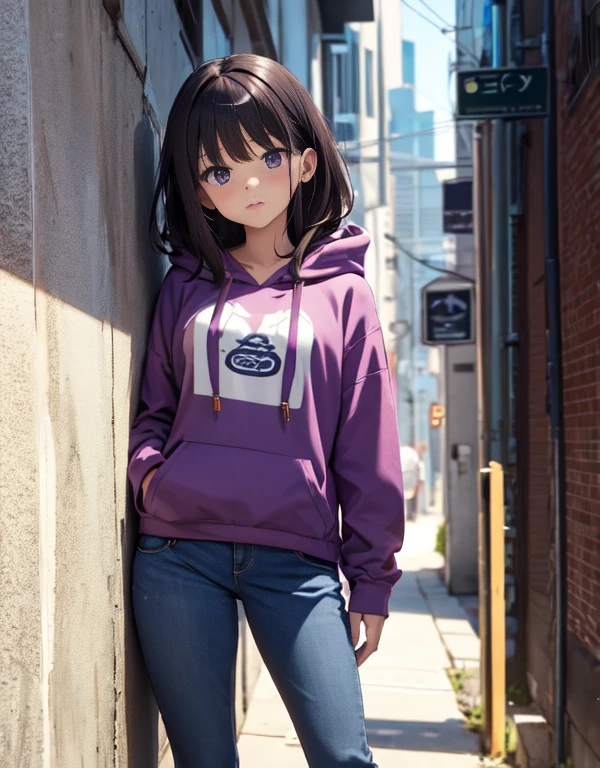 masutepiece, Best Quality, {Best Quality}, {{masutepiece}}, {hight resolution}, Illustration, 1girl in, Inoue Takina, bob katan, Black hair, (Purple eyes:1.2), blush, blue baggy hoodie,The hood is placed over the new era.、baggy jeans,High-cut sneakers,I have headphones hanging around my neck.,Leaning against the wall,Looking at Viewer,In the street