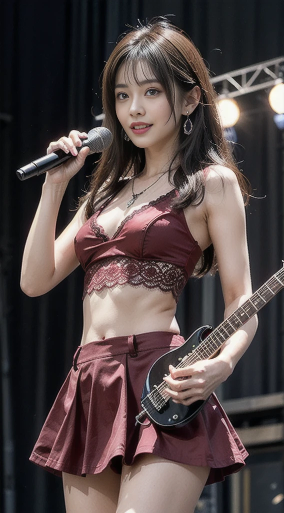 最高品質, master-piece, ultra-high resolution, (photorealistic portrait: 1.4), RAW photo, (full-body-shot), charming smiling girl, ((Carrying an electric guitar)), (Dynamic Poses), long-haired, long-hairedมาก, large boobs, Beautiful breasts, plump breasts, เสริมlarge boobs, small waist, flat stomach, micro thin, cross pendant necklace, earrings, (Rocker Chic, Red Lace Ruffleustier): 1.5, Extra high waisted short denim skirt.), A colorful light show, Spotlight